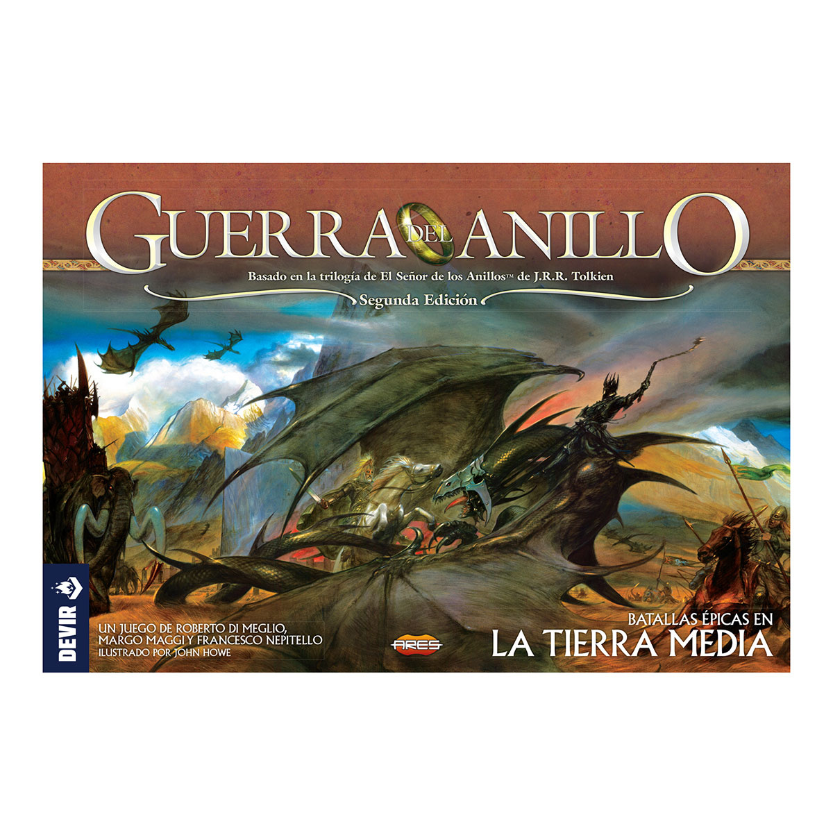 Arte de la caja de 'Guerra del Anillo', con un dragón, figuras a caballo y el título en español. Arte de fantasía oscura.