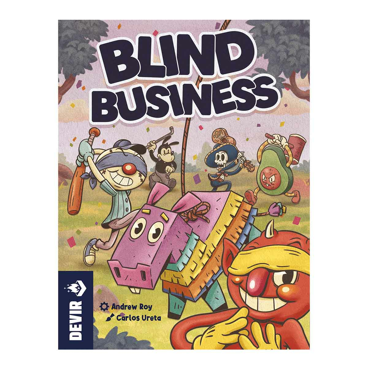 Portada del juego: personajes con los ojos vendados, golpeando una piñata. Estilo de dibujos animados. Título: Blind Business. Nombres de autores.