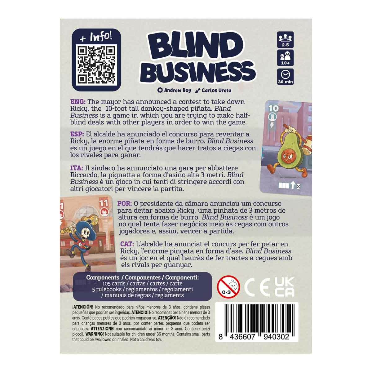 Caja del juego 'Blind Business' con texto en varios idiomas. Muestra un aguacate y un taco.