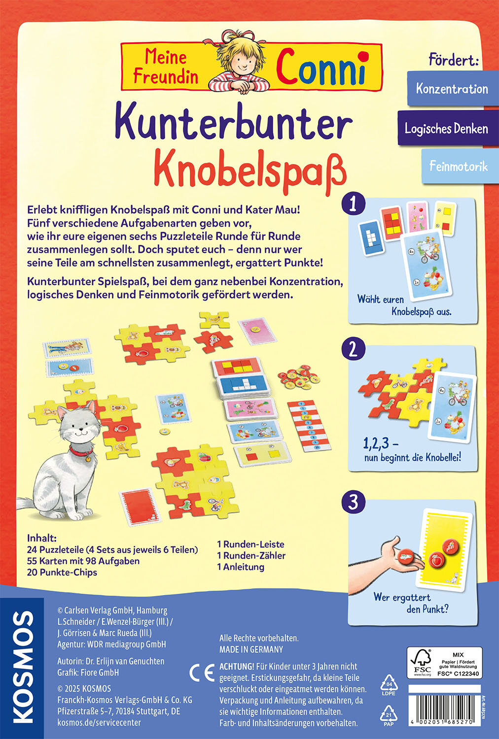 Schachtel mit Conni, Puzzles und Spieldetails. Text auf Deutsch. Enthält Puzzleteile, Karten und eine Katzenillustration.