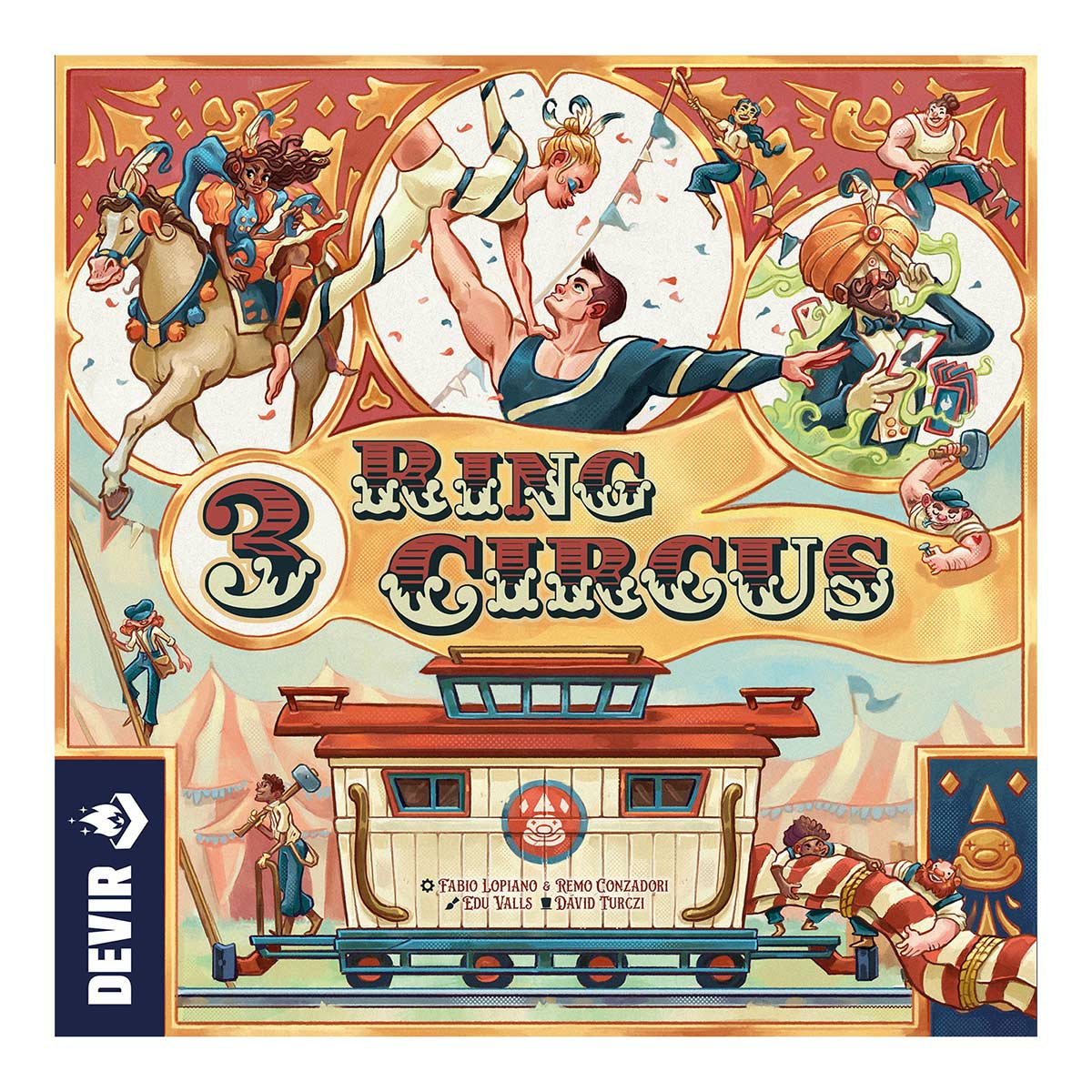 Ein Brettspielcover zum Thema Zirkus. Es zeigt Akrobaten, ein Pferd, einen Zug und den Titel '3 Ring Circus'.