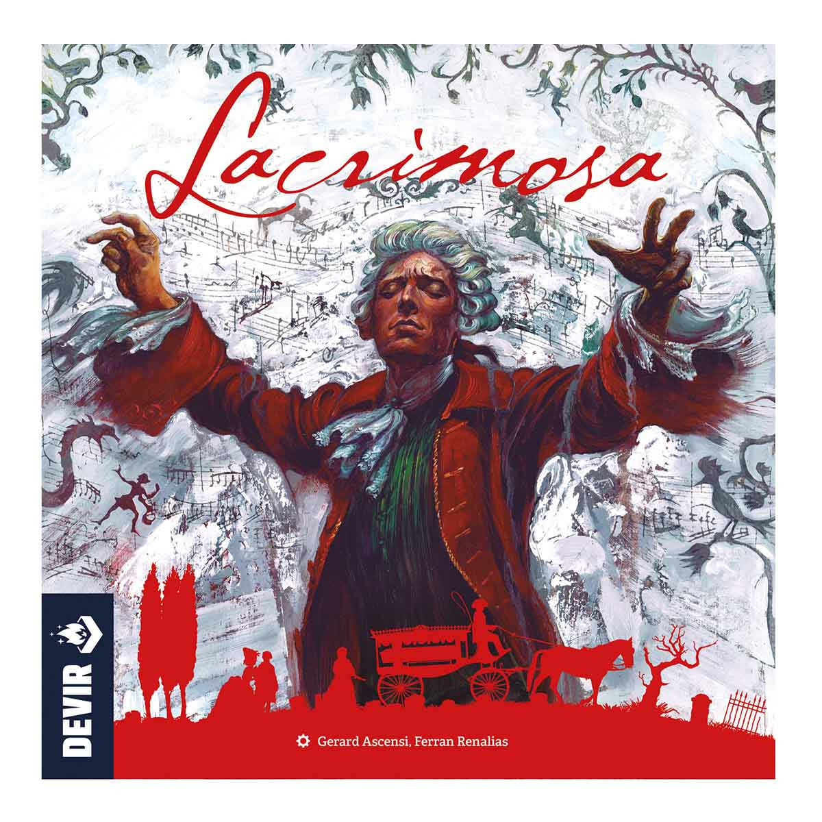 Ilustración de un hombre con abrigo rojo dirigiendo música. El fondo muestra notas musicales, siluetas y la palabra 'Lacrimosa'.