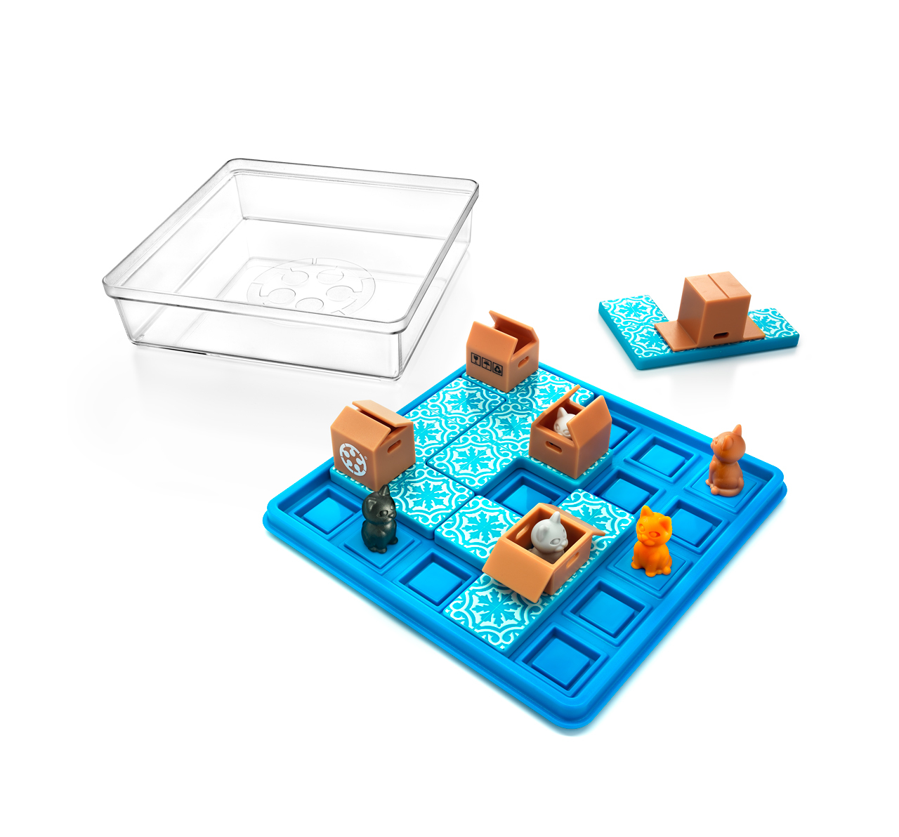 Ein Puzzlespiel mit Katzen und Kisten. Enthält einen transparenten Behälter, ein blaues Raster und verschiedene Katzenfiguren und Kisten.