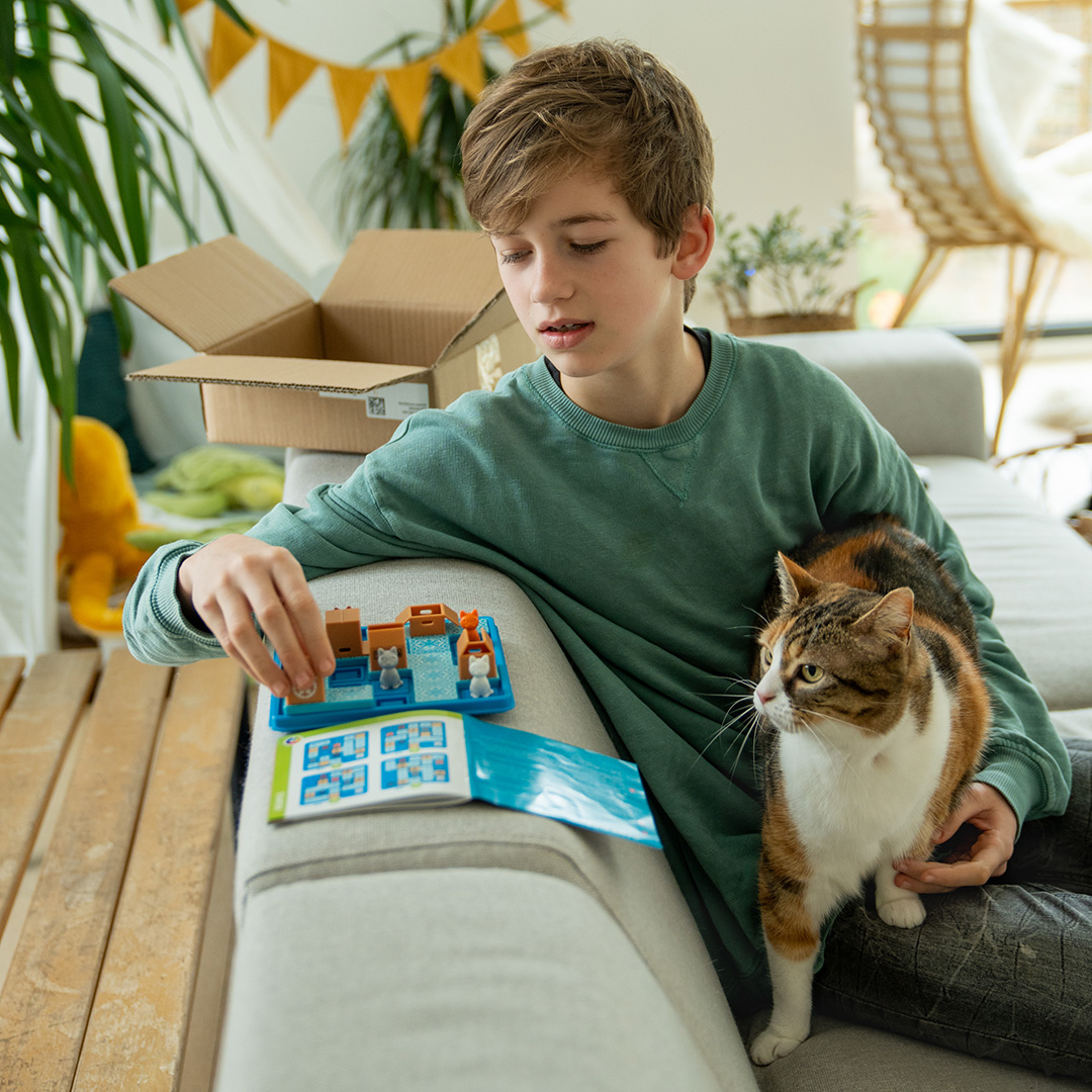 Ein Junge spielt mit Spielzeugtieren, während eine Katze neben ihm auf einem Sofa sitzt. Ein Karton ist im Hintergrund geöffnet.