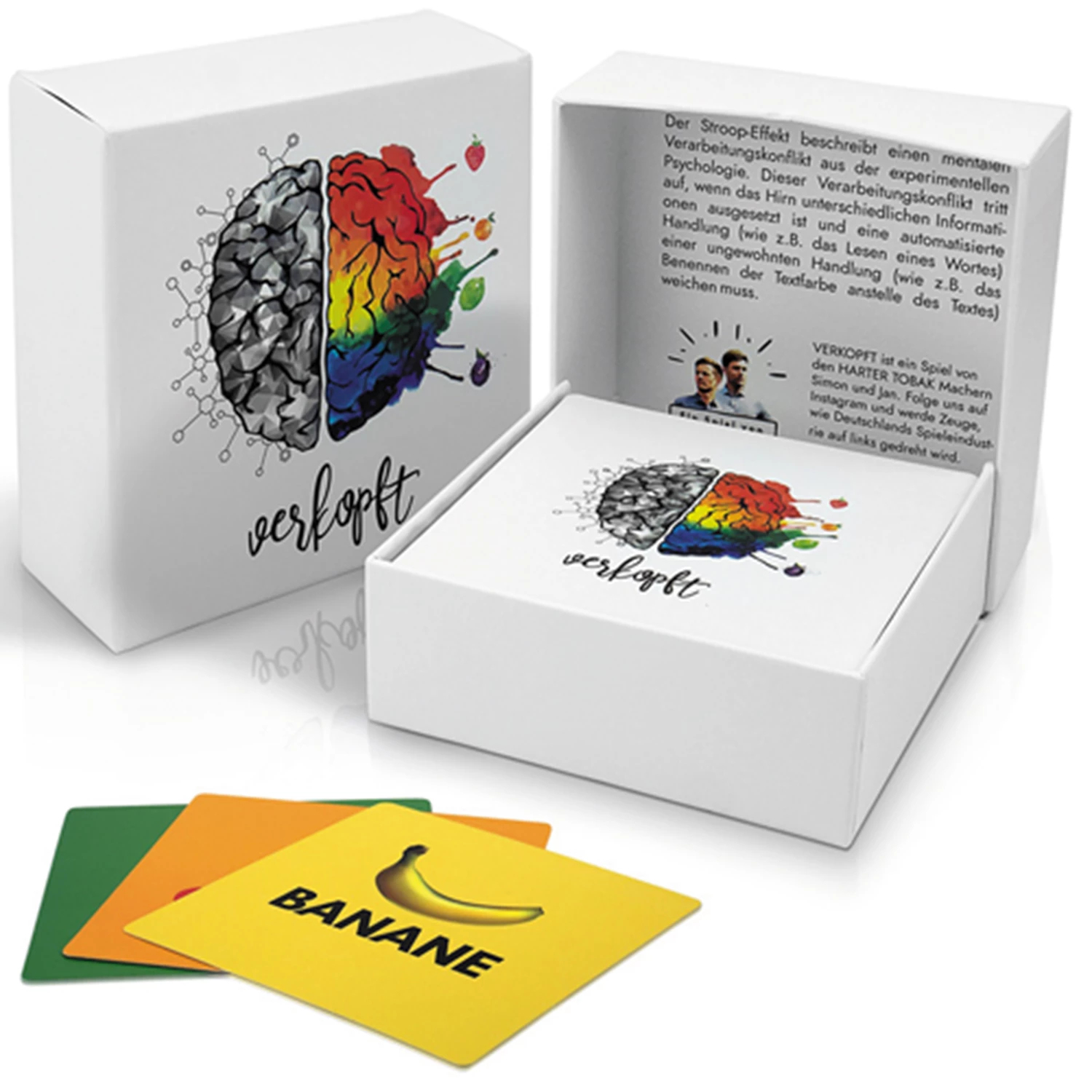 Boxspiel mit Gehirngrafik. Karten zeigen 'BANANE'. Text auf Deutsch. Gehirnhälften sind grau und bunt.