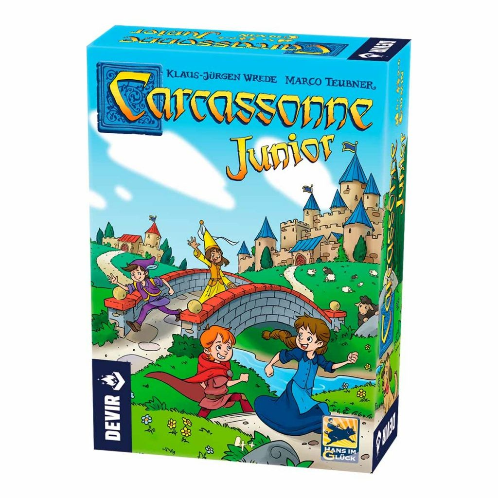 Caja de Carcassonne Junior. Escena de dibujos animados: niños cruzando un puente hacia un castillo. Colores brillantes: cielo azul, hierba verde, personajes.