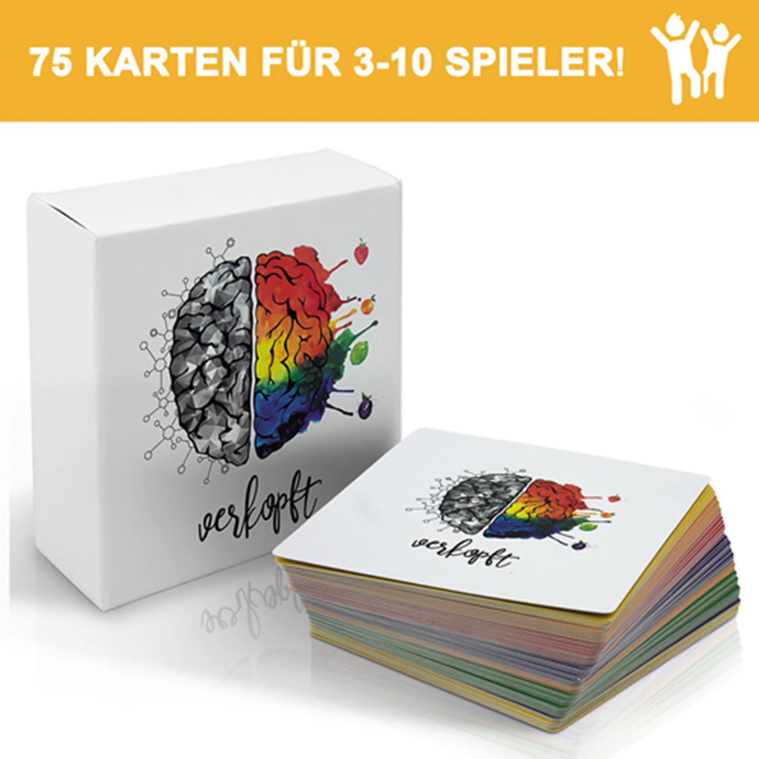 Eine weiße Schachtel und ein Kartenspiel mit Gehirndesign. Auf der Schachtel steht 'verkopft'. Die Karten haben ein buntes Gehirnbild.