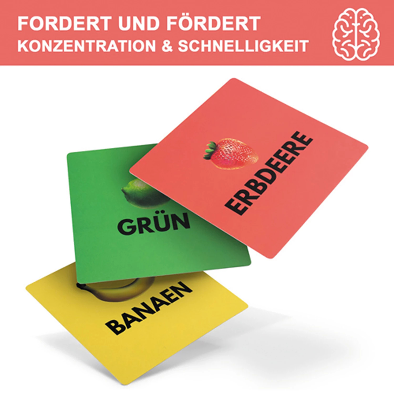 Drei farbige Karten mit Fruchtdarstellungen und deutschen Wörtern. Erdbeere auf Rot, Limette auf Grün und Banane auf Gelb.