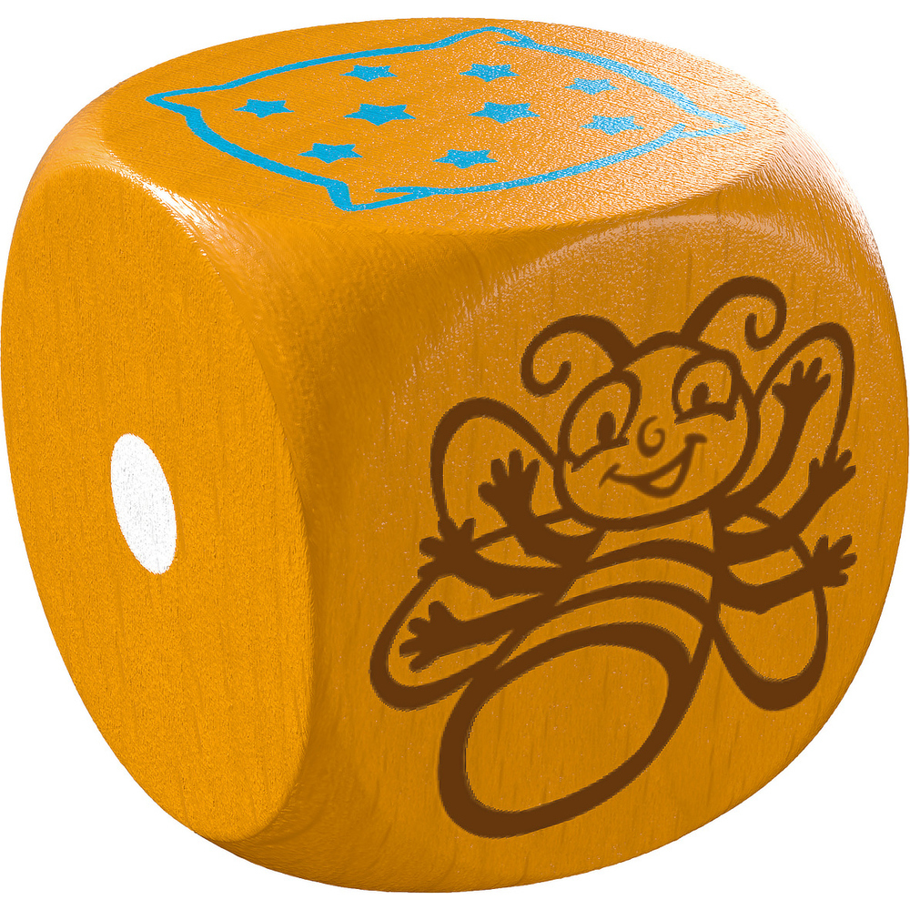 Holzwürfel mit orangenem Farbton. Eine Seite hat einen weißen Punkt. Andere Seiten haben ein Bienen- und blaue Sterne-Design.