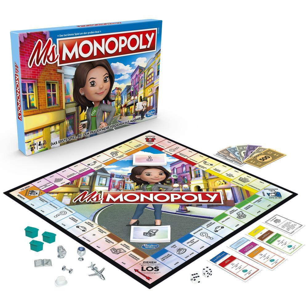 Ms. Monopoly Brettspiel. Die Box zeigt eine Frau, die einen Kaffee hält. Das Spielbrett zeigt eine Frauenfigur, Immobilien, Geld, Würfel und Spielsteine.