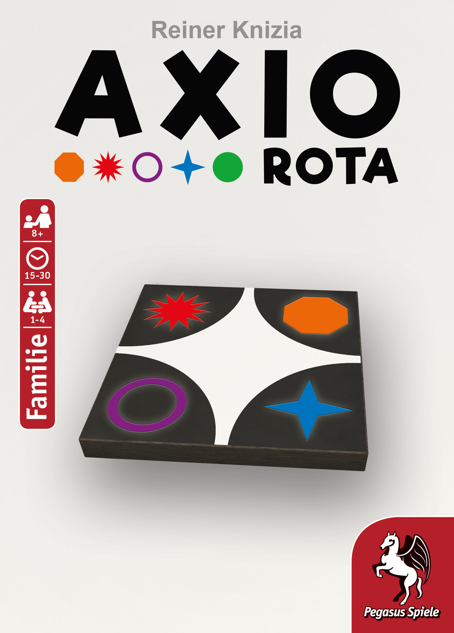 Spielbox mit dem Titel AXIO ROTA. Sie hat eine schwarze Oberfläche mit bunten Formen. Enthält Alters- und Familiendetails. Pegasus Spiele Logo.