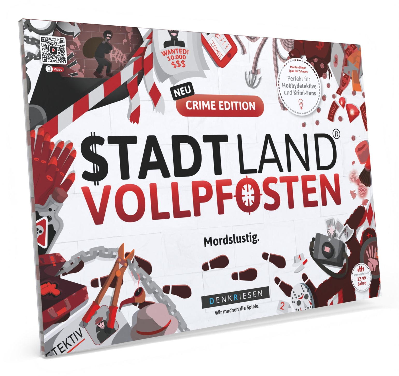 Spielbox mit Krimi-Thema. Enthält einen Fahndungsplakat, Fußabdrücke und Text 'Stadt Land Vollpfosten Crime Edition'.