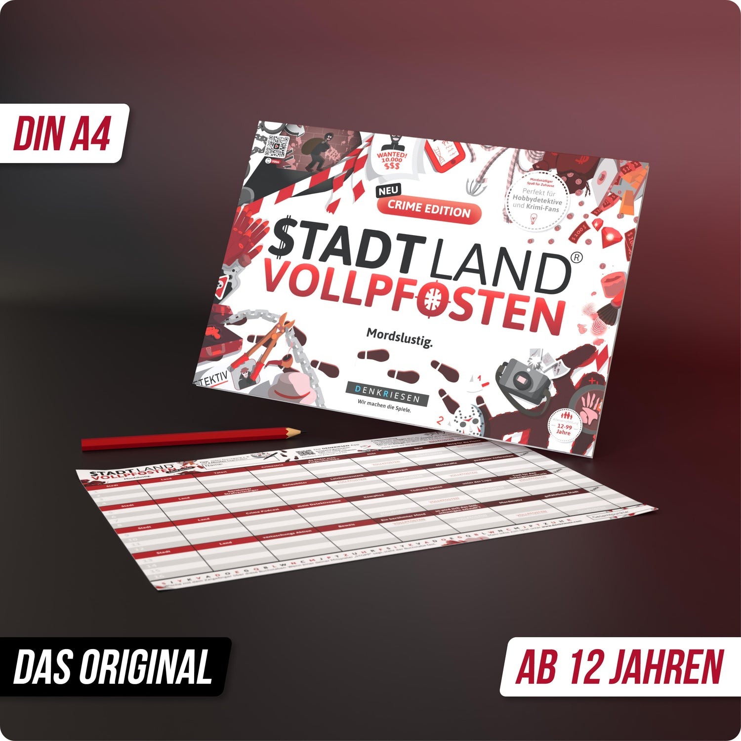 Eine Spielbox mit dem Titel 'STADT LAND VOLLPFOSTEN' mit Krimi-Thema. Sie zeigt ein Spielbrett, einen Bleistift und den Text 'AB 12 JAHREN'.
