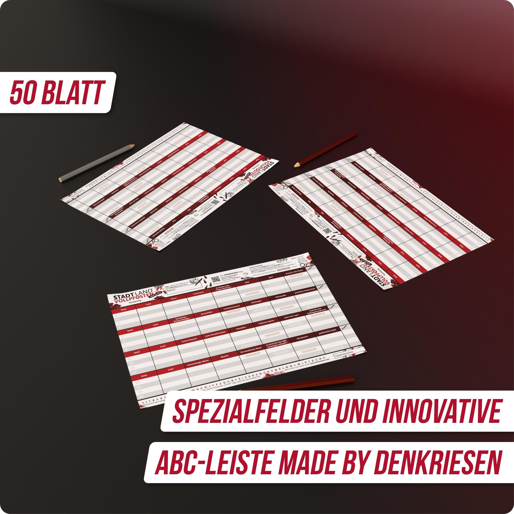 Bild von Kalendern mit roten Akzenten und Bleistiften. Text enthält '50 BLATT', 'SPEZIALFELDER' und 'ABC-LEISTE MADE BY DENKRIESEN'.
