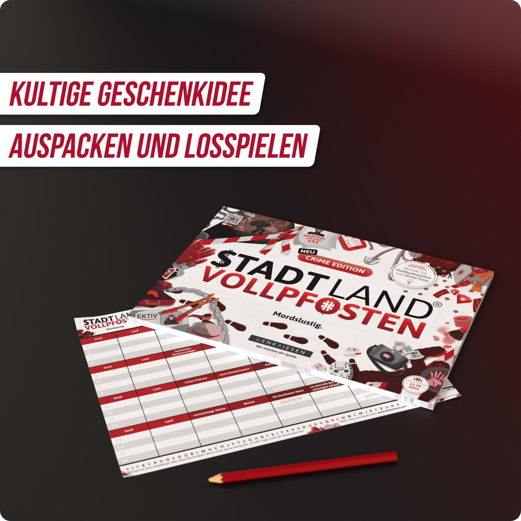 Spielbox mit Text 'Kultige Geschenkidee' und 'Auspacken und losspielen'. Es zeigt ein Spielbrett und einen roten Bleistift.
