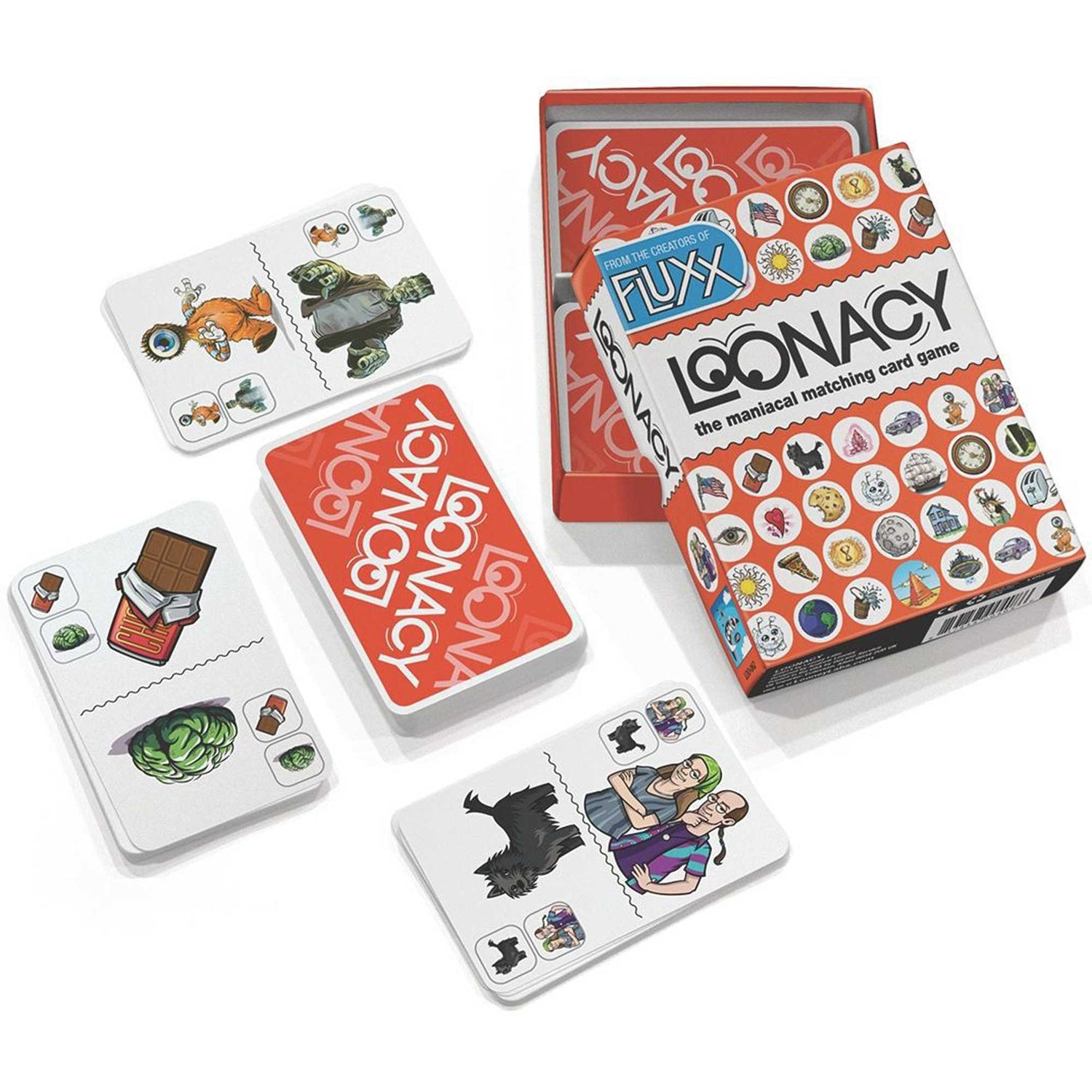 Eine Spielkartenbox und Karten werden angezeigt. Die Box ist rot und weiß, mit dem Wort 'LOONACY'. Karten zeigen verschiedene Bilder.