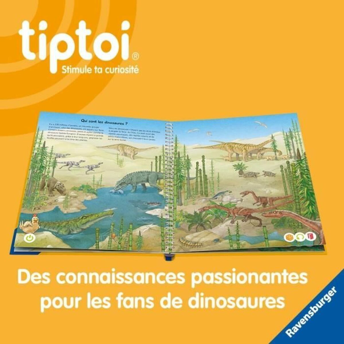 Een kleurrijk boek over dinosaurussen. Toont verschillende dinosaurussen in hun leefomgeving, met de titel "Wie zijn de dinosaurussen?".