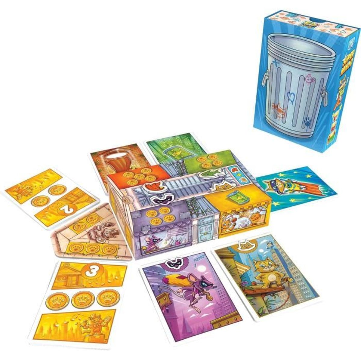 Brettspiel mit Karten und einem Mülleimerkarton. Karten zeigen Katzen, Mäuse und Münzen. Die Box zeigt einen Mülleimer auf blauem Grund.