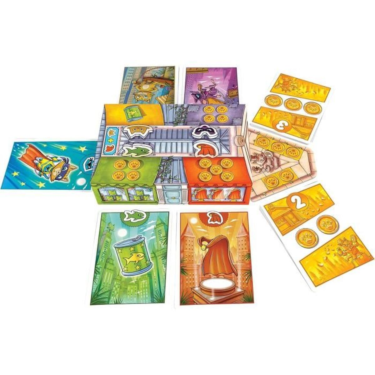 Brettspielkomponenten: Karten, Gebäude und Spielsteine. Karten zeigen einen Fisch, einen Superhelden und einen roten Mantel. Spielsteine zeigen Pfotenabdrücke.