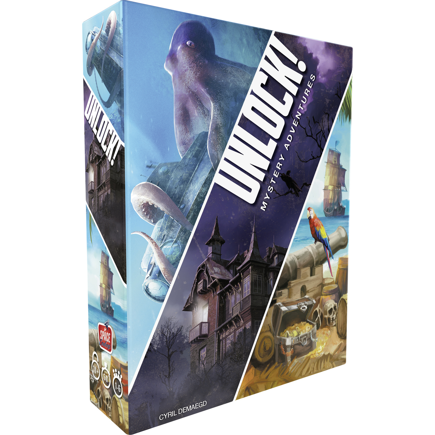 Spielbox mit Oktopus, Haus, Piratenschiff, Papagei, Schatzkiste und UNLOCK!-Titel.