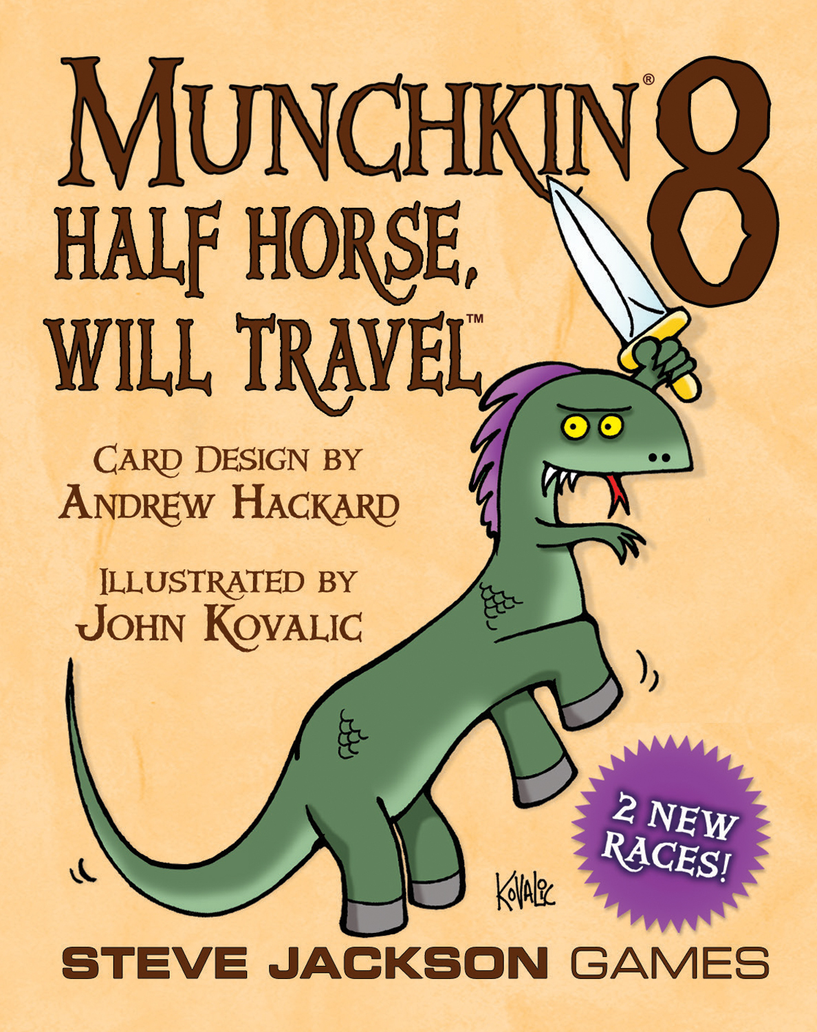Kartendesign für Munchkin 8. Ein grünes pferdeähnliches Wesen mit lila Haaren hält ein Schwert. Text: 'Half Horse, Will Travel'.