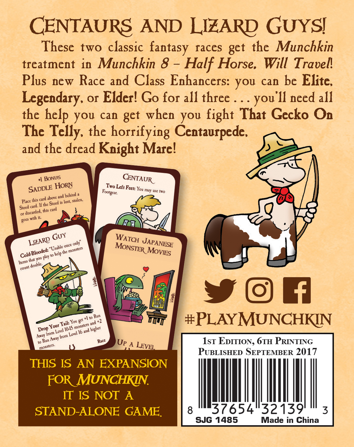 Kartenspielbox. Illustration eines Zentauren rechts, verschiedene Spielkarten und Text. Munchkin-Spielerweiterung.