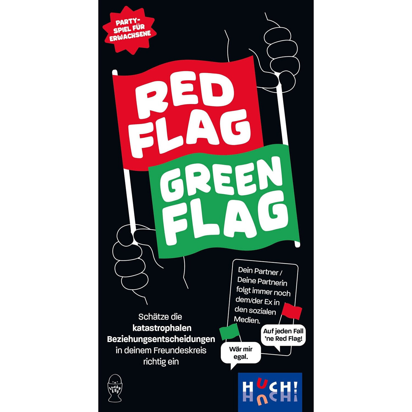 Spielkarte mit roten und grünen Flaggen, Text 'RED FLAG GREEN FLAG'. Deutscher Text beschreibt Beziehungsentscheidungen.