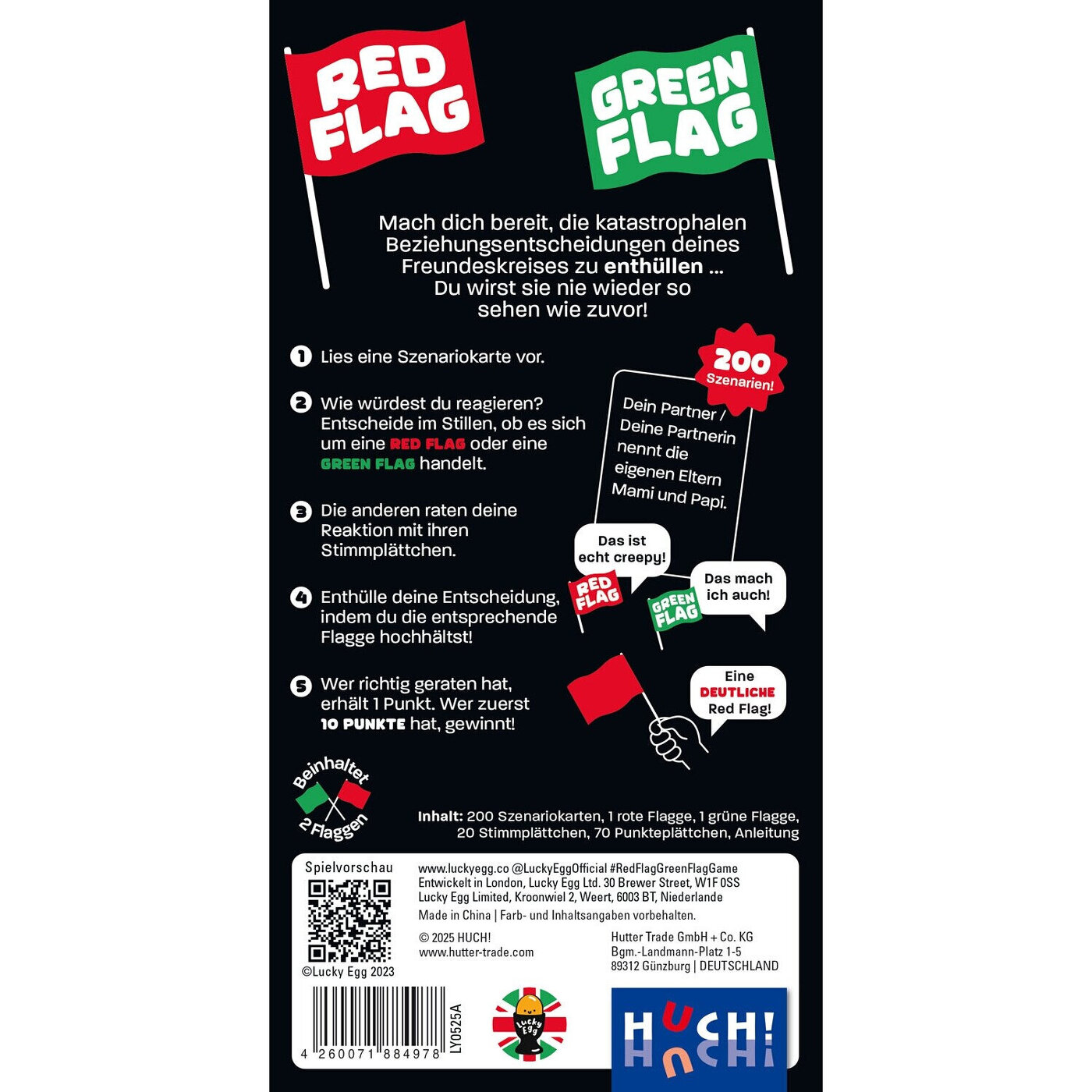 Spielbox mit roten und grünen Flaggen. Text und Anweisungen sind sichtbar. Enthält einen QR-Code und Logo.