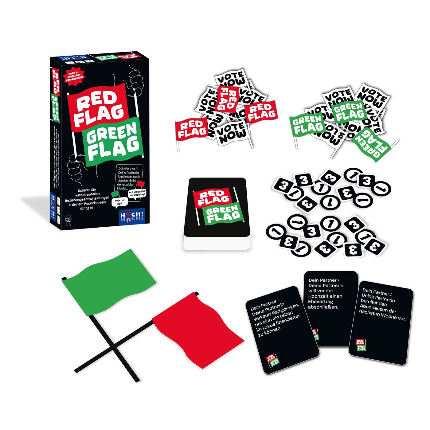 Ein Brettspiel mit roten und grünen Flaggen, Karten und Spielsteinen. Auf der Box steht 'Red Flag Green Flag'.