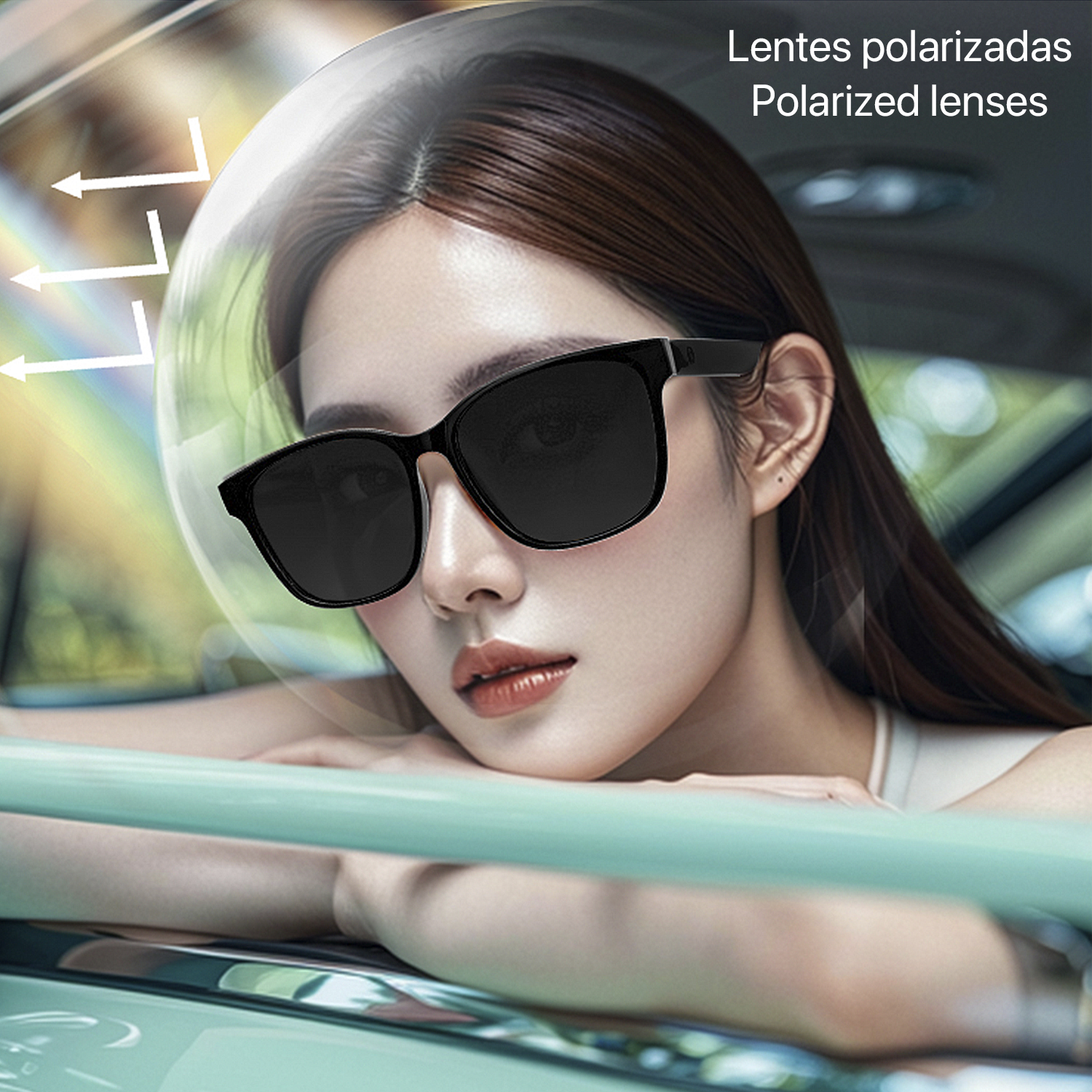 Una donna con occhiali da sole si appoggia a un'auto. L'immagine evidenzia le lenti polarizzate. Frecce puntano alle lenti.