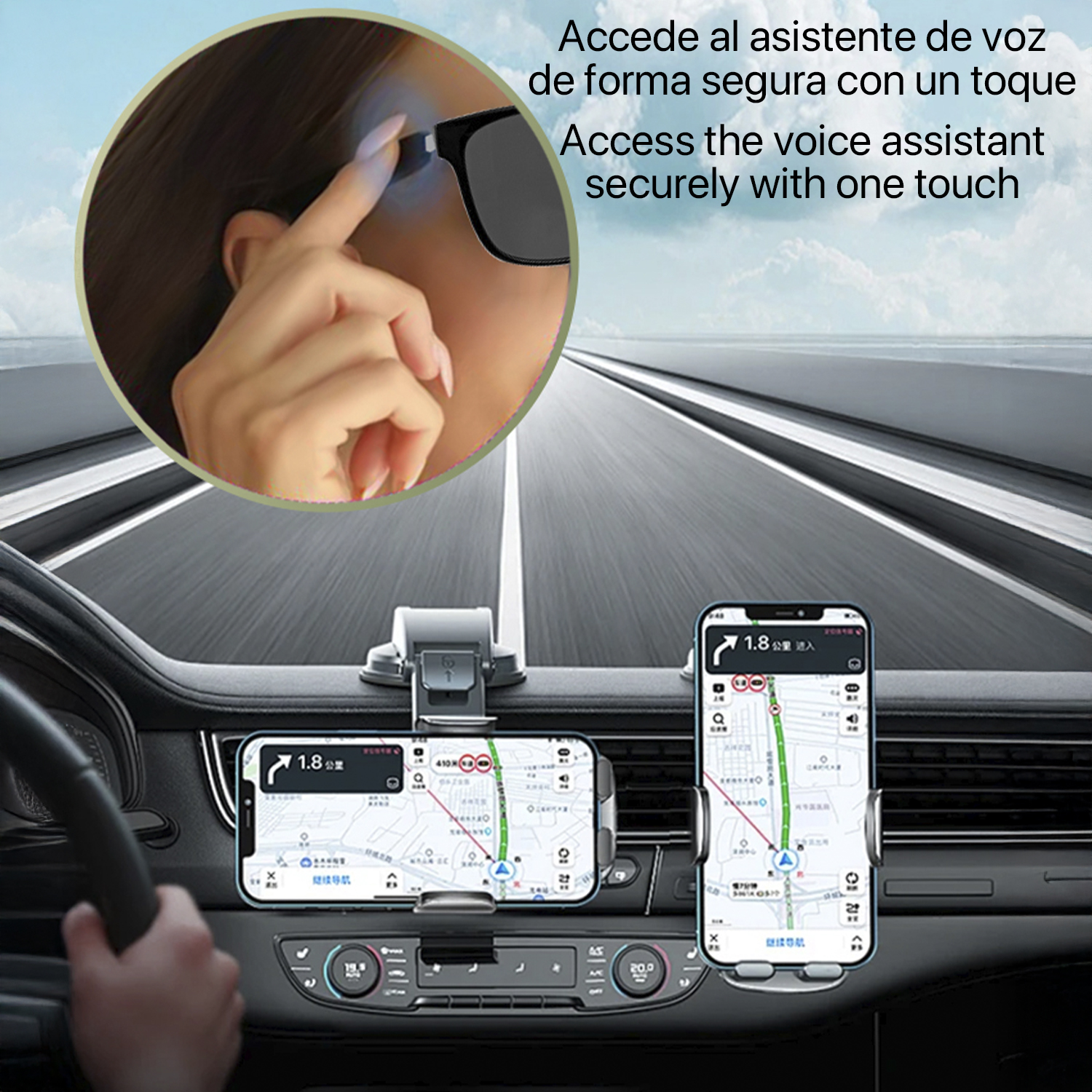 Una persona in auto usa l'assistente vocale tramite occhiali da sole. Due telefoni mostrano la navigazione. La strada è visibile. Il cielo è luminoso.