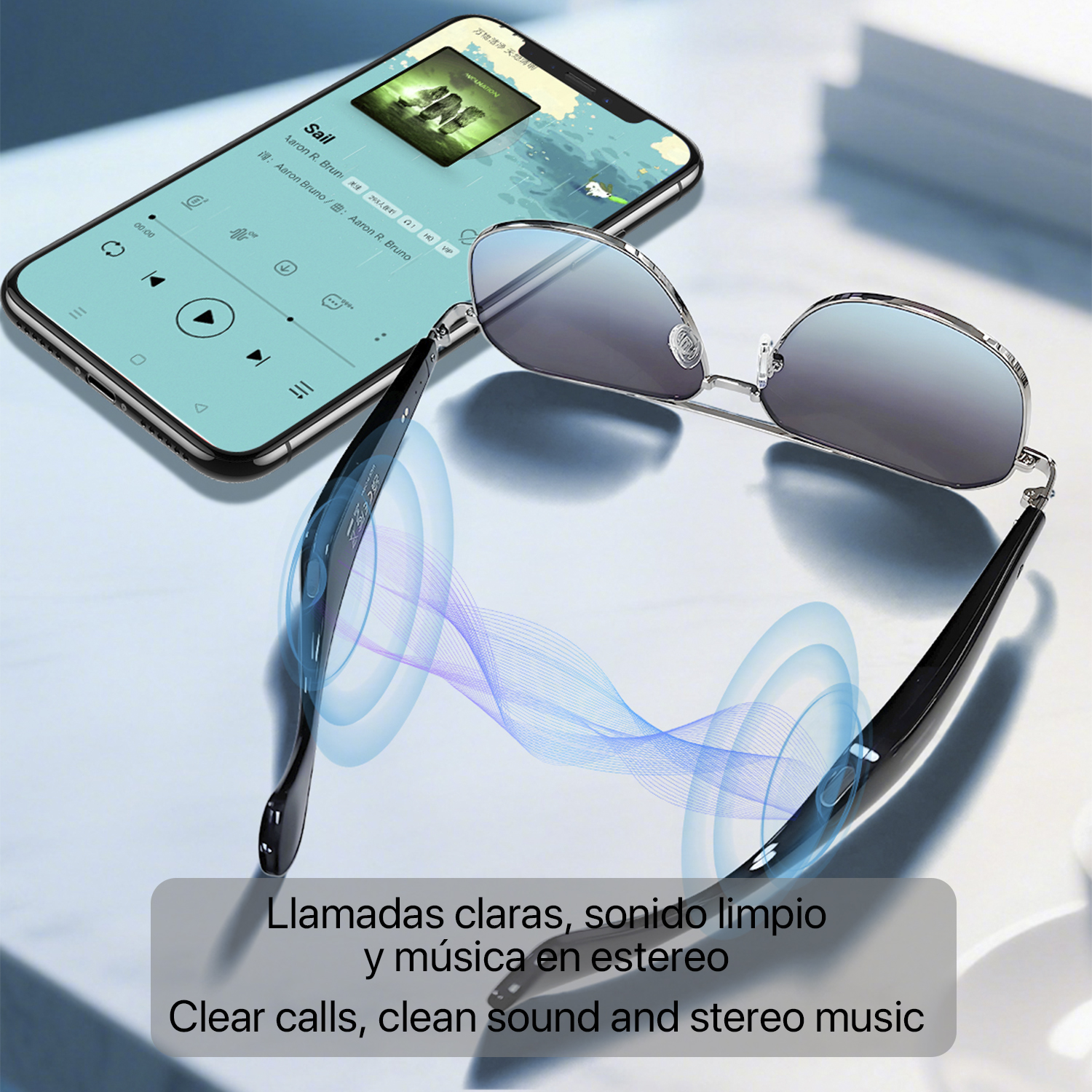 Occhiali da sole con audio integrato, smartphone che riproduce musica e testo su chiamate chiare e suono stereo.