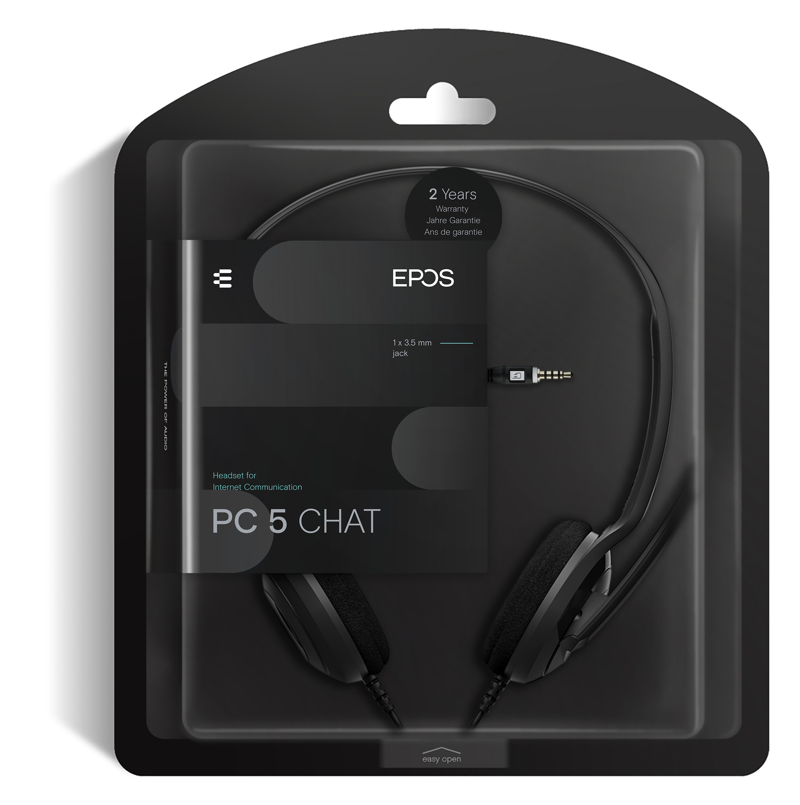 Un auricolare nero per PC è confezionato in una custodia di plastica trasparente. Il marchio è EPOS, il modello PC 5 CHAT.