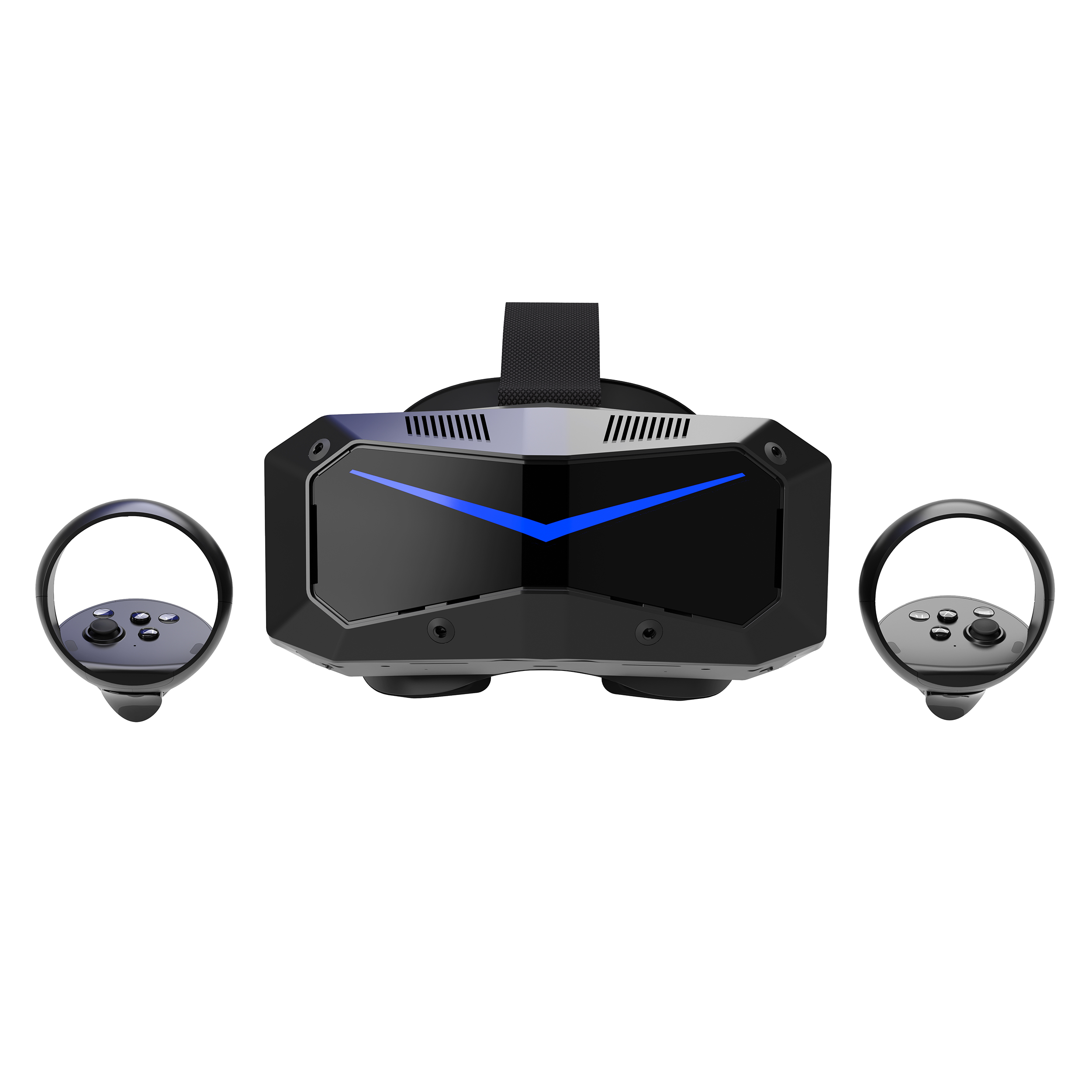Cuffia VR con controller su sfondo bianco. Cuffia nera con dettagli blu. I controller sono neri.