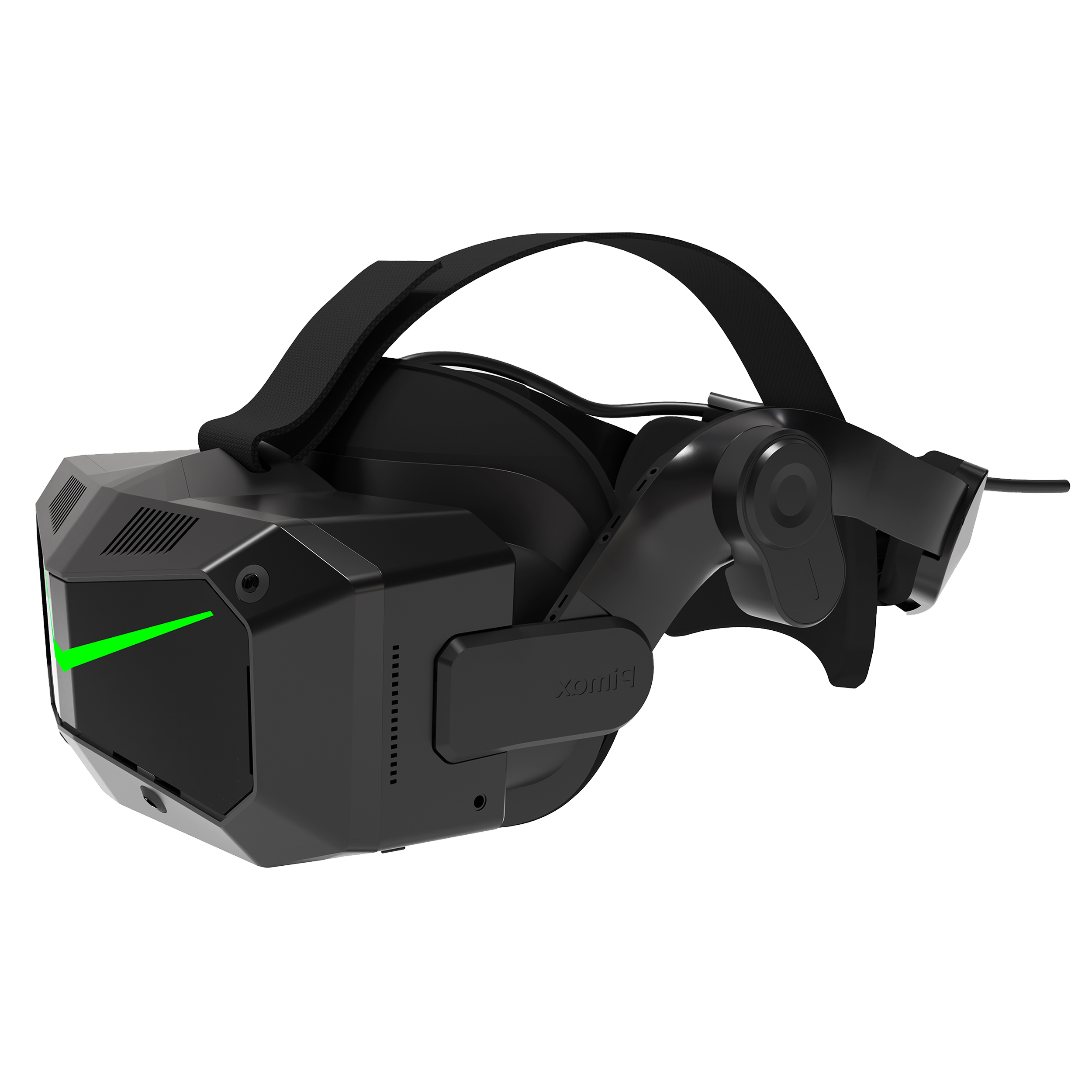 Un visore VR nero con luce verde. Ha cinghie regolabili e un cavo.
