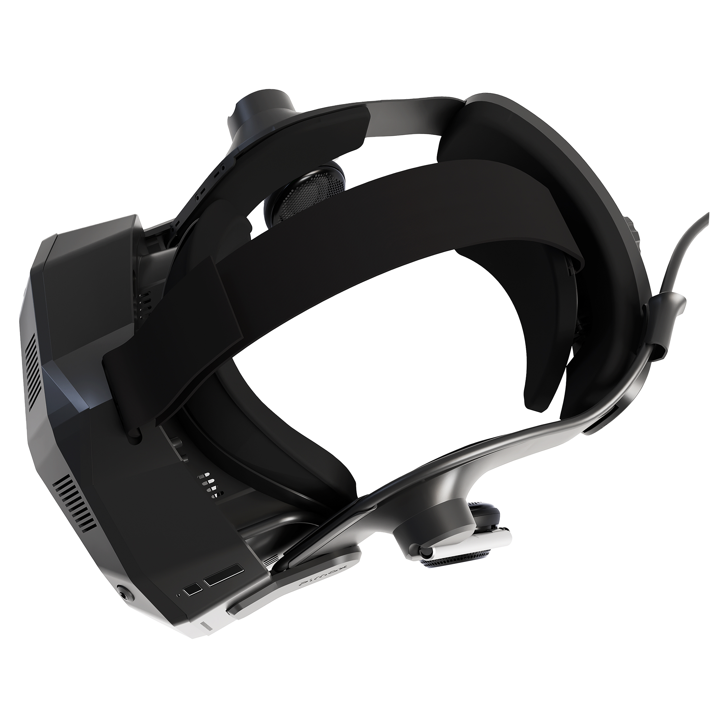 Cuffie VR nere su sfondo bianco. Include cinturini, lenti e porte. Il marchio è visibile.