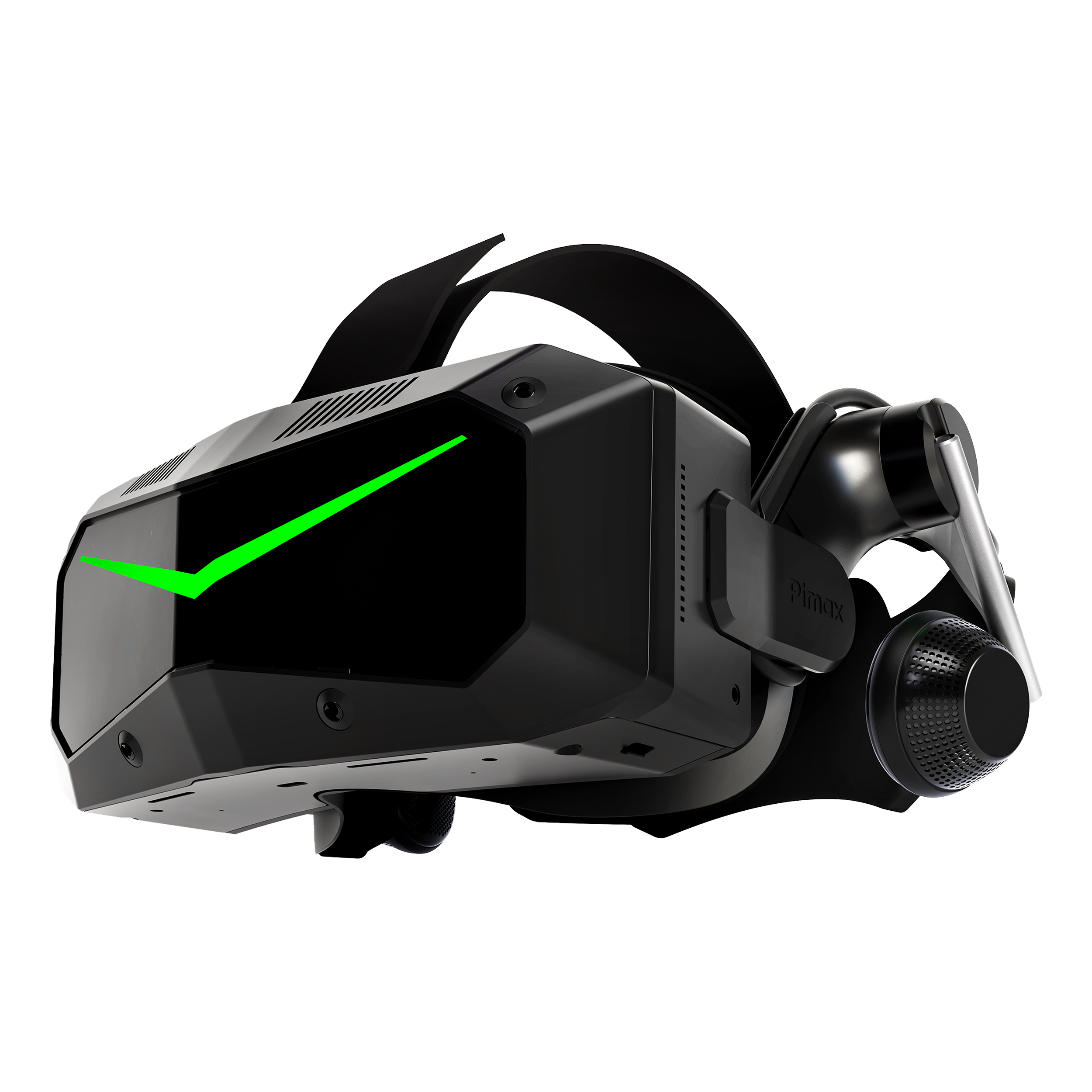 Un visore VR nero con un segno di spunta verde sulla visiera e cinghie nere.