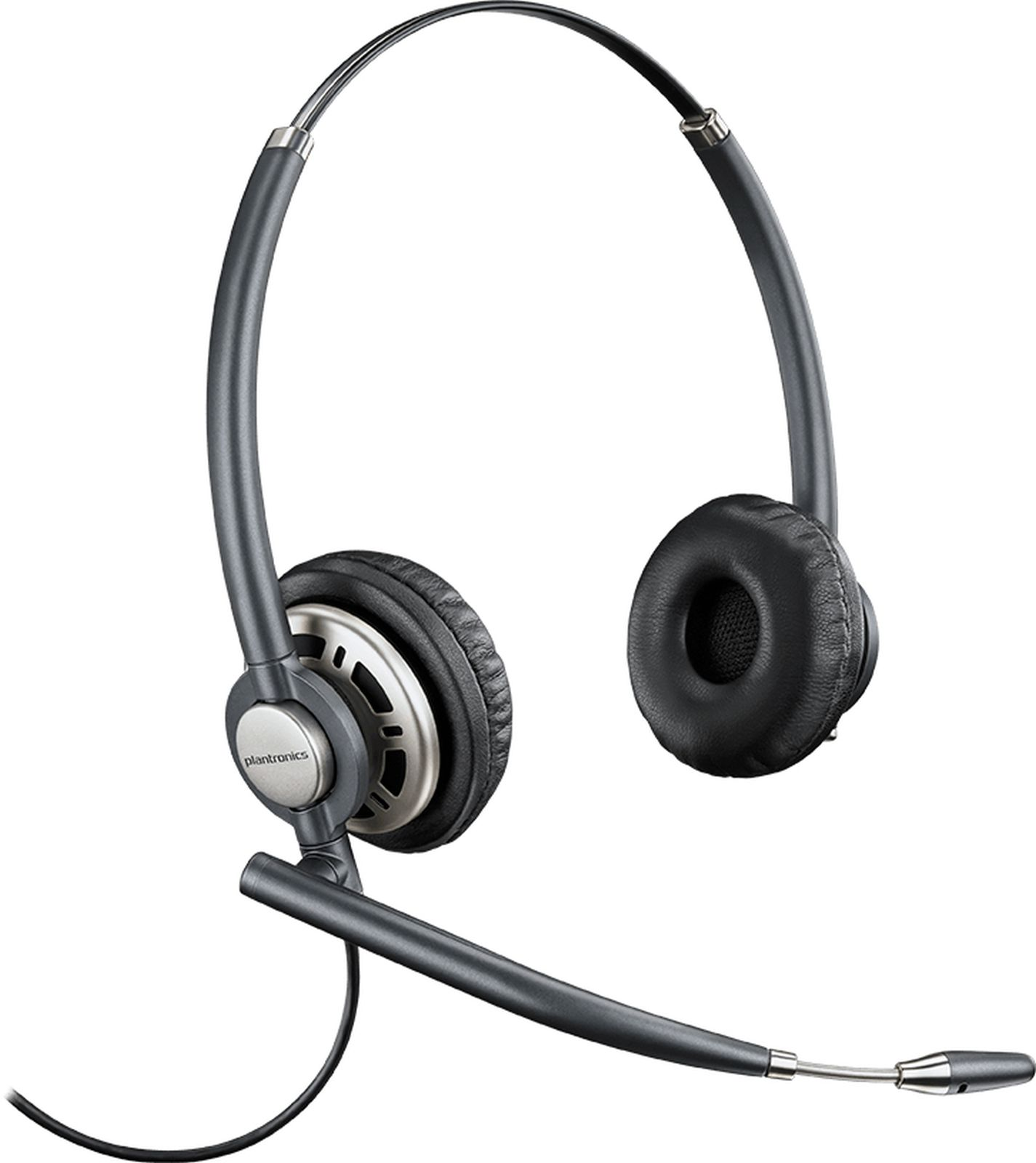 Una cuffia Plantronics con microfono. Ha padiglioni neri, archetto argentato e braccio microfonico nero.