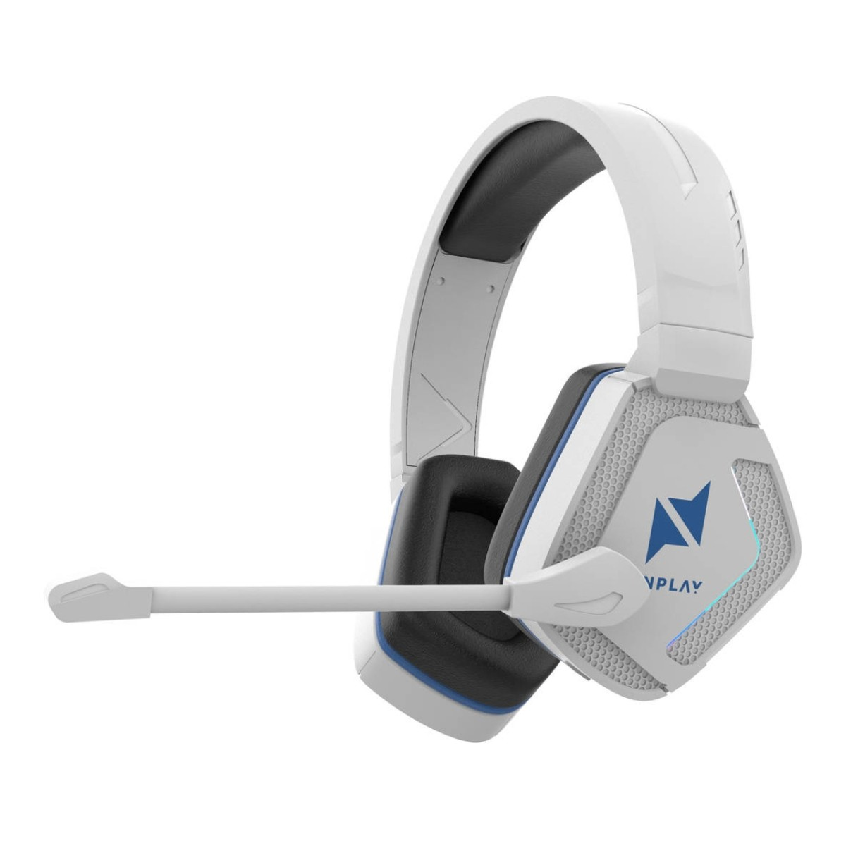 Cuffie da gioco bianche e blu con microfono. Presentano il logo 'VPLAY' e sono su sfondo bianco.