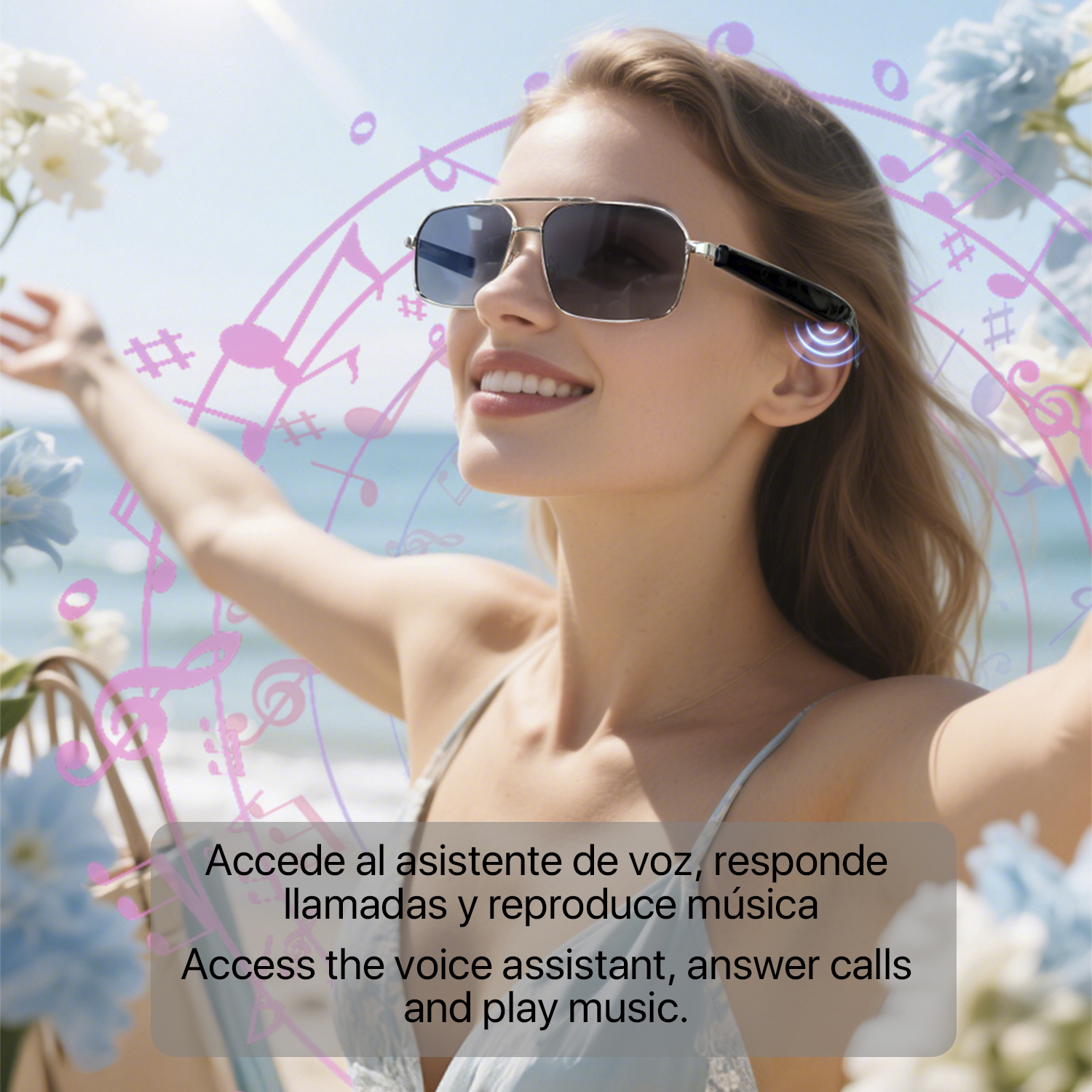 Donna con occhiali da sole, sorridente, con le braccia tese. Sfondo: fiori e note musicali. Testo: assistente vocale, chiamate, musica.