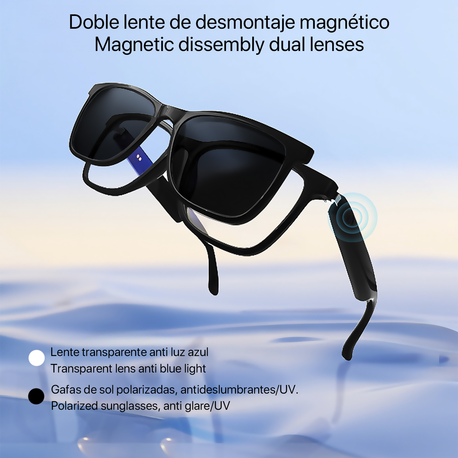 Occhiali da sole neri con lente magnetica rimovibile. Il testo indica lenti trasparenti e occhiali da sole polarizzati. Lo sfondo ha tonalità blu.