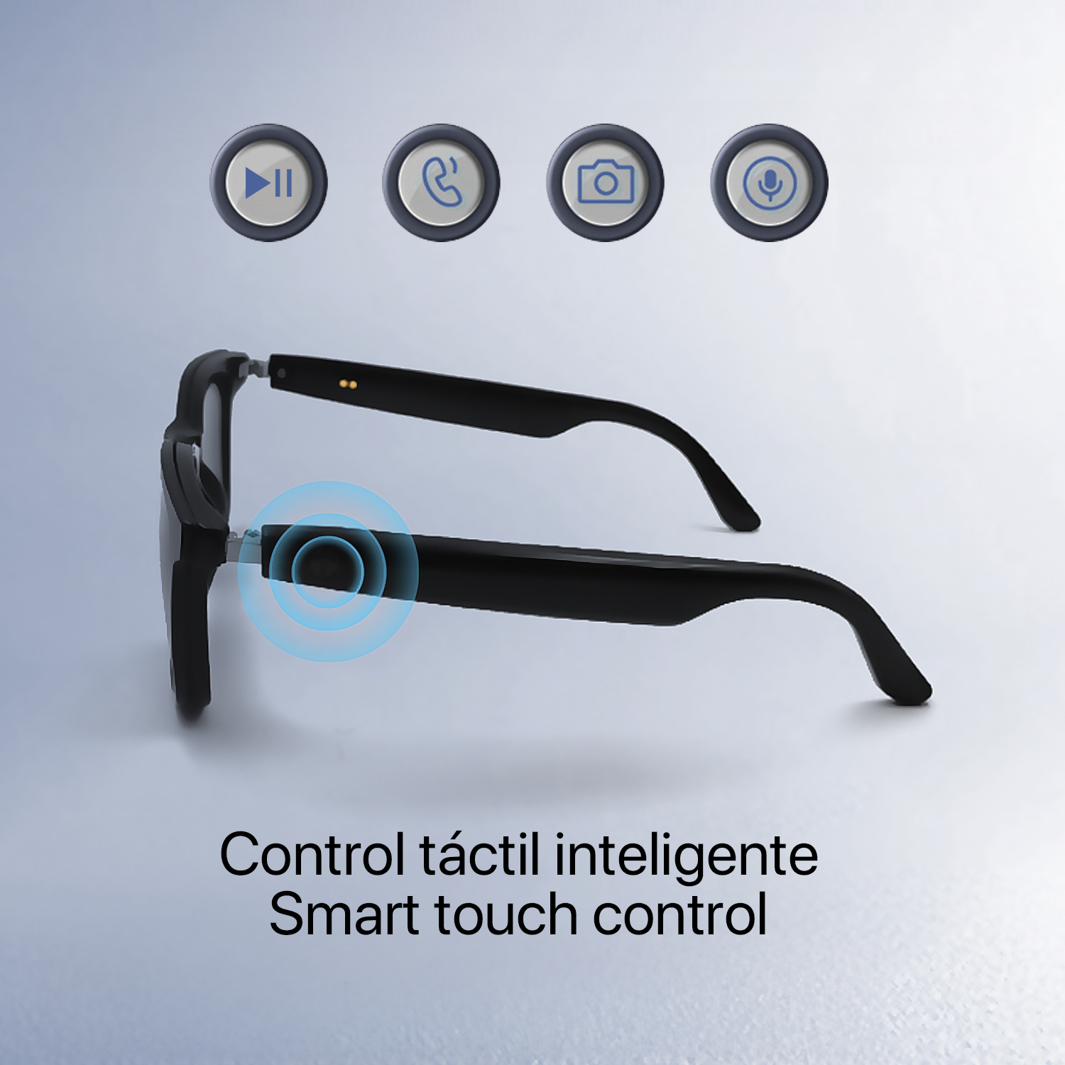 Occhiali intelligenti neri con controllo touch. Icone per riproduzione, chiamata, fotocamera e microfono. Testo: 'Controllo touch intelligente'.