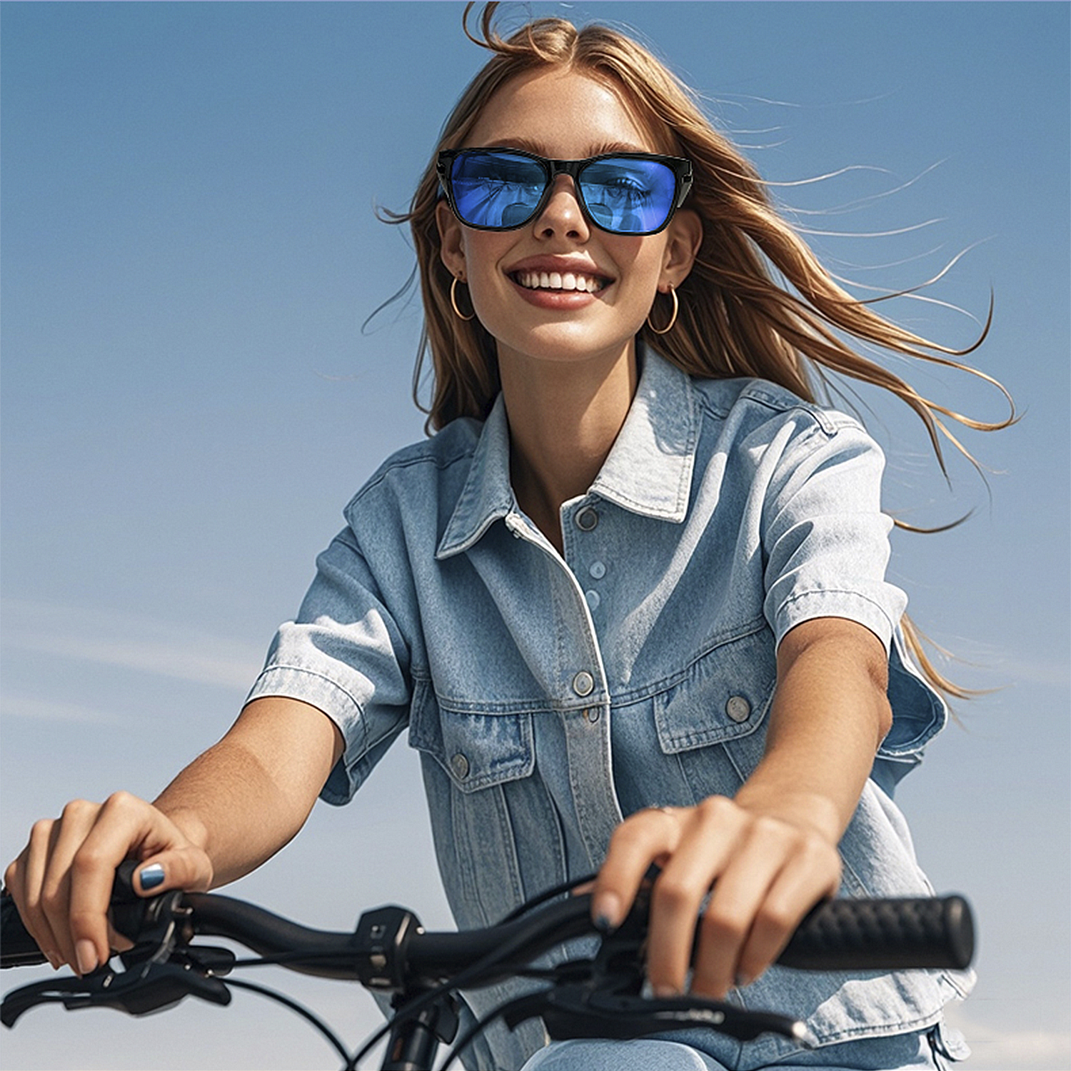 Donna bionda con occhiali da sole va in bicicletta. Sorride, indossa una giacca di jeans, con sfondo cielo blu.
