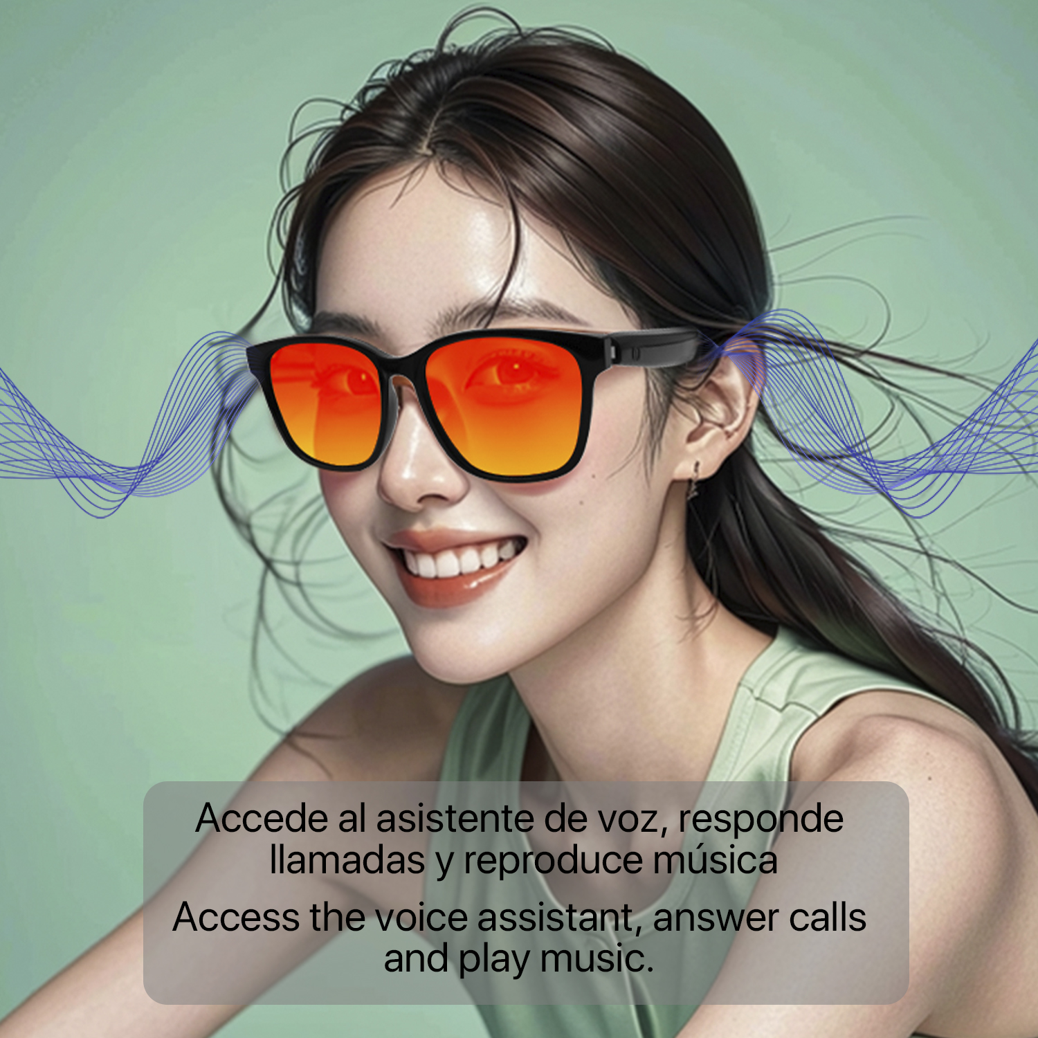 Donna con occhiali intelligenti, sorridente. Gli occhiali hanno lenti arancioni. Top verde. Linee blu suggeriscono onde sonore. Testo in basso.