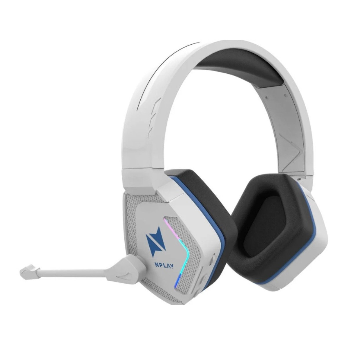 Cuffie da gaming bianche con dettagli blu e microfono. Il marchio NPLAY è visibile. I padiglioni sono neri.