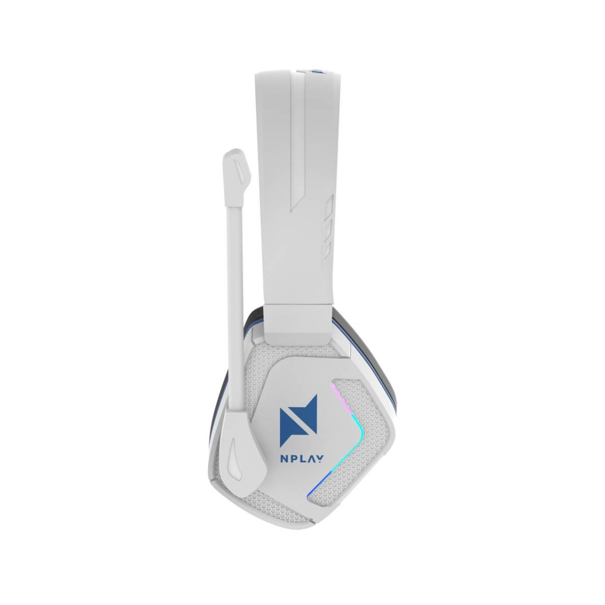 Una cuffia da gaming bianca con logo blu su sfondo bianco. Ha un microfono e luci colorate.
