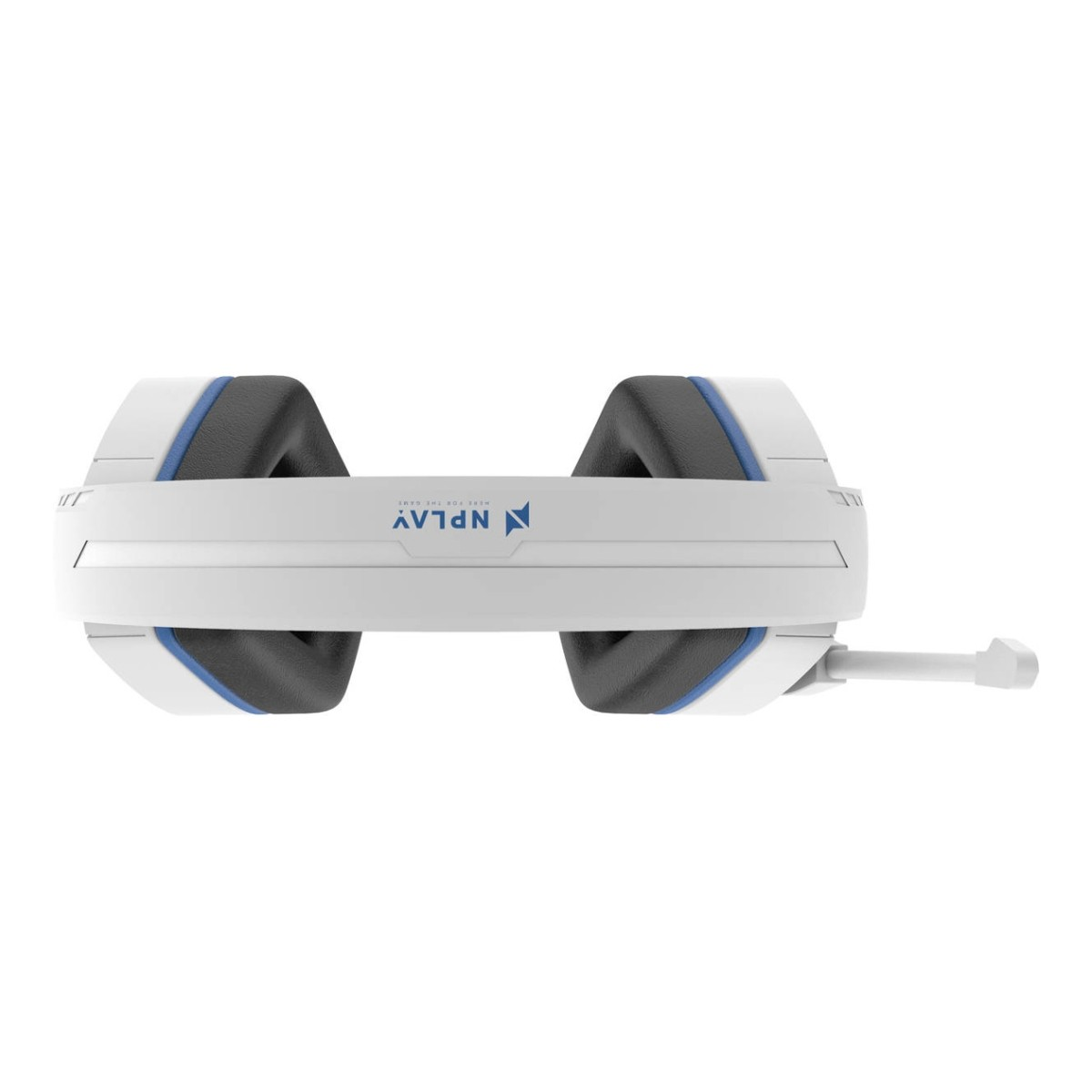 Cuffie da gioco bianche e blu su sfondo bianco. Le cuffie hanno un microfono ed è visibile il marchio NPLAY.