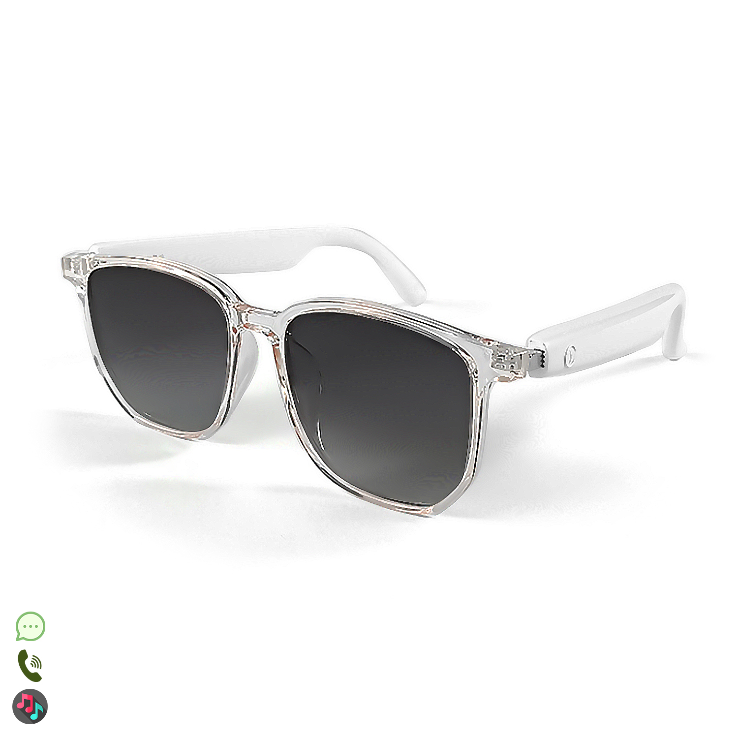 Occhiali da sole con montatura trasparente, lenti scure e aste bianche, probabilmente smart glasses. Sfondo bianco.