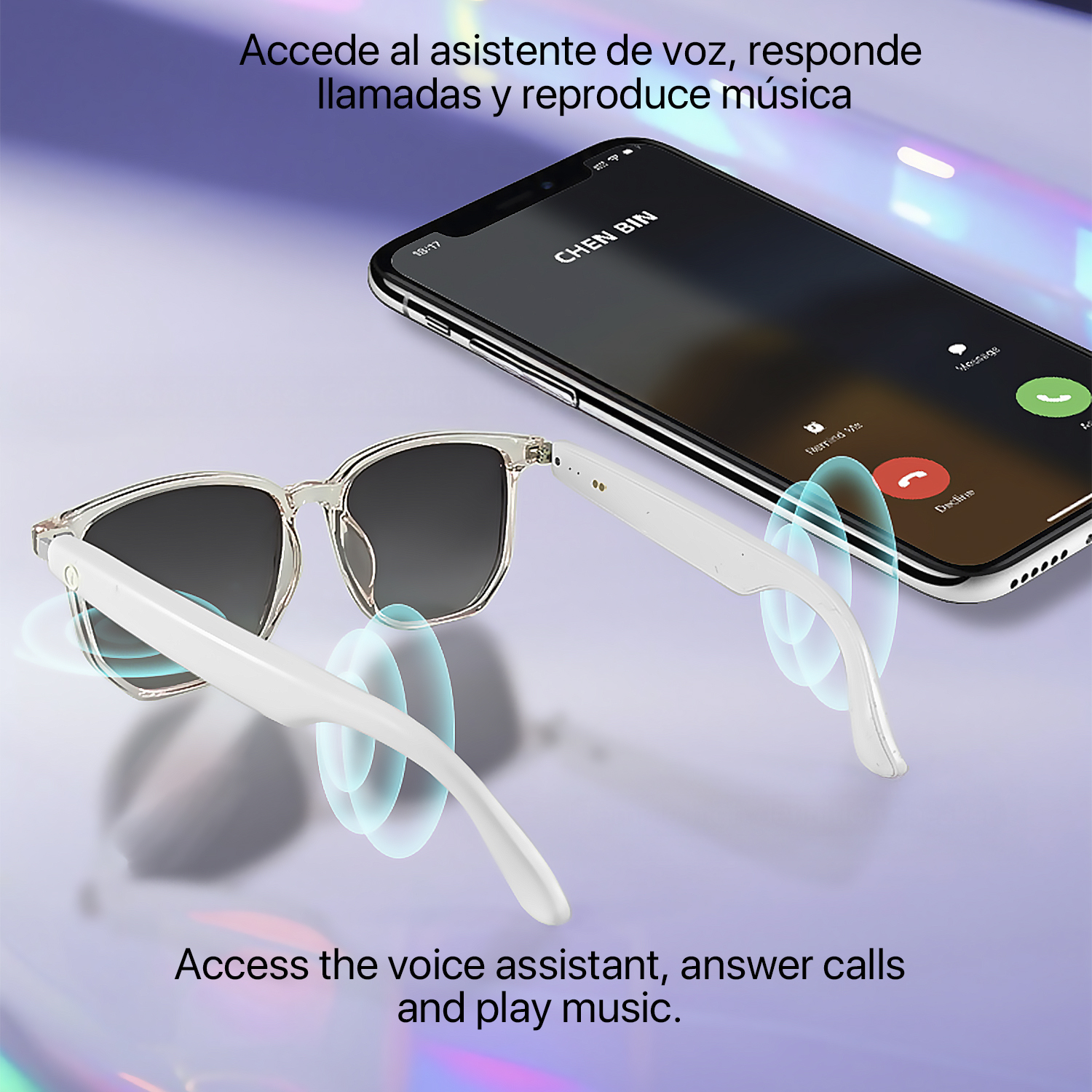 Occhiali intelligenti e un telefono che mostra un'interfaccia di chiamata. Il testo dice: 'Accedi all'assistente vocale, rispondi alle chiamate e riproduci musica'.