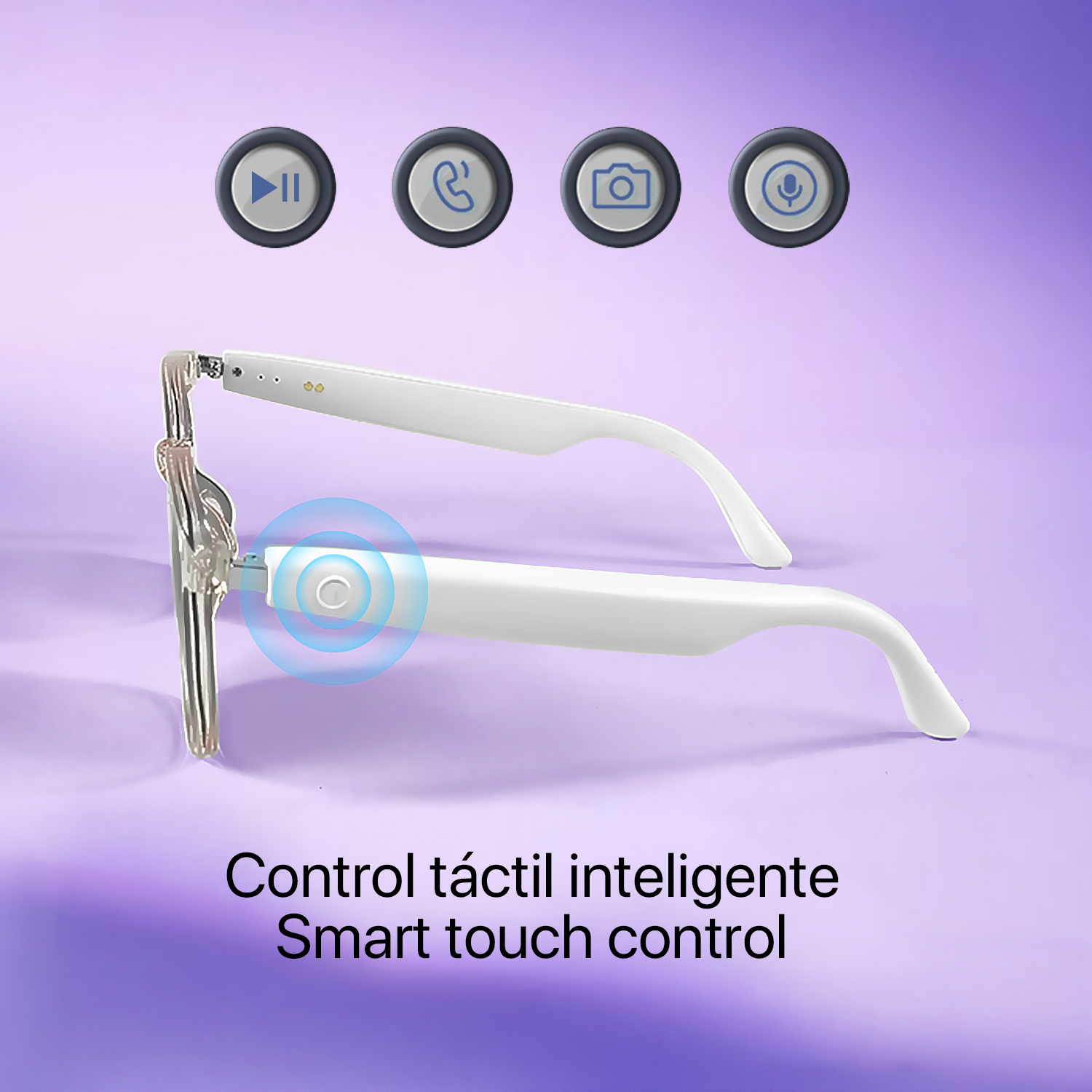Occhiali intelligenti bianchi con controllo touch su sfondo viola. Icone di riproduzione, chiamata, fotocamera e voce visibili.
